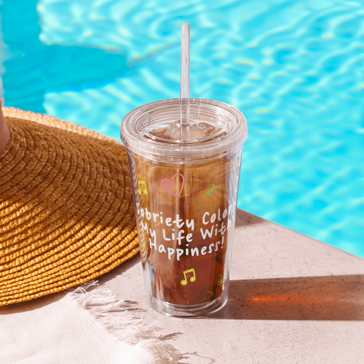 Happy Sobriety Doodle Art Clear Tumbler - 20oz Insulated Stainless Steel Travel Mug for Coffee, Tea & Cold Drinks - Perfect for Recovery Meetings, Office Use & Daily Hydration