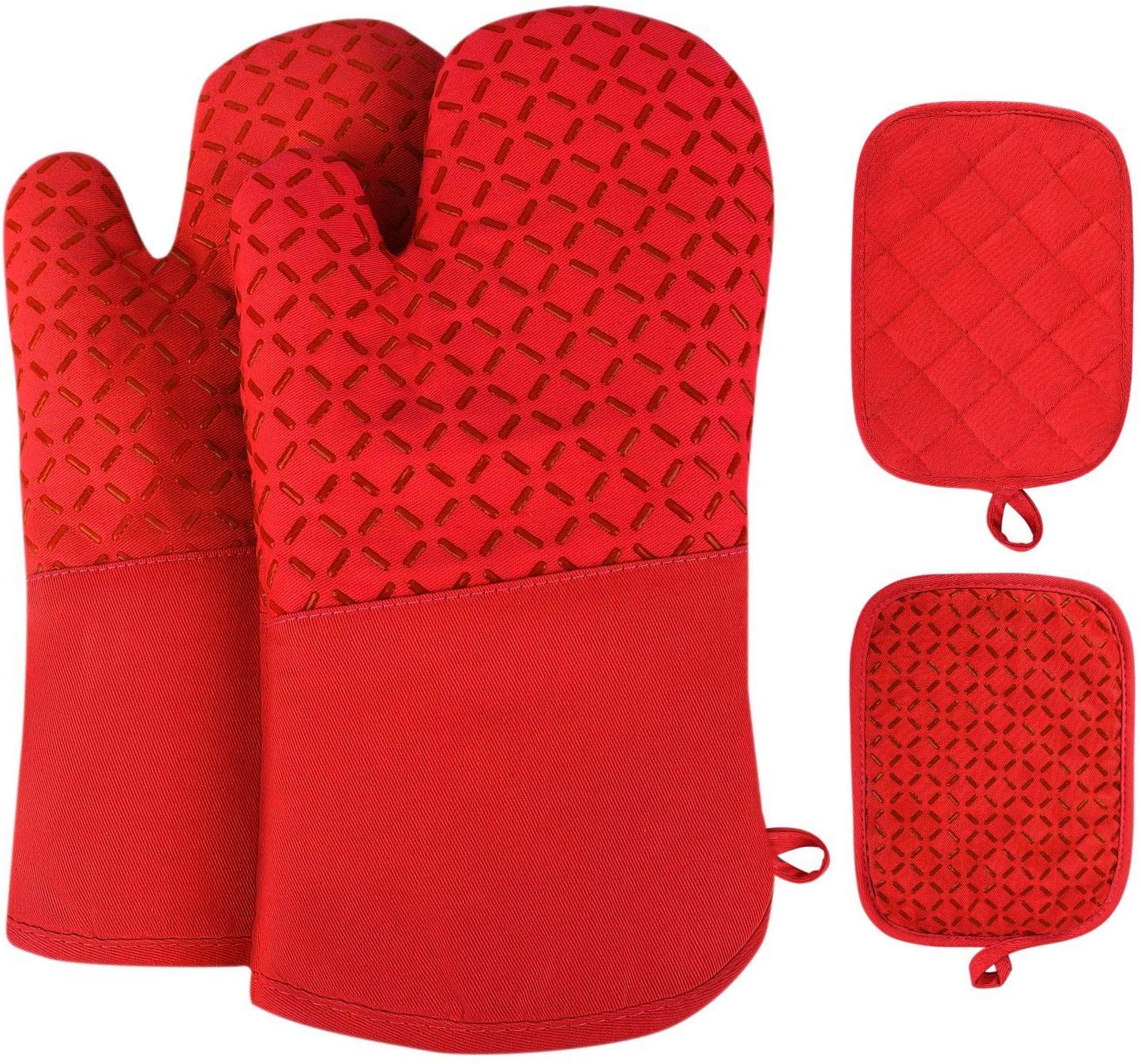 Alasuo 4-Piece Silicone Oven Mitt Set - 500F Heat Resistant, Non-Slip Kitchen Pot Holders & Microwave Gloves for Baking, Cooking, BBQ - Perfect for Grilling, Baking Cookies, and Handling Hot Dishes (Red)