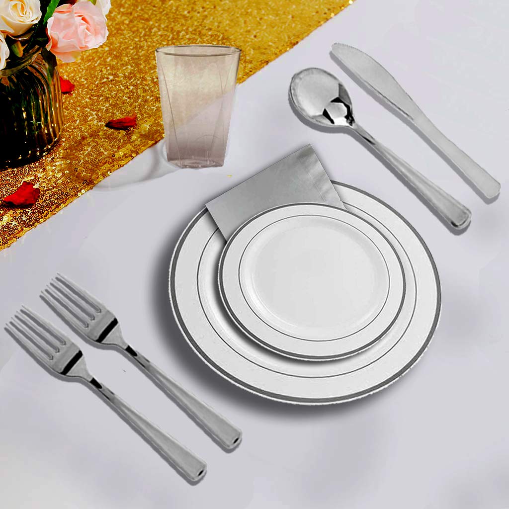 Premium 160-Piece Silver Plastic Dinnerware Set (20 Settings) - Elegant Disposable Plates, Forks, Spoons, Knives & Cups for Weddings, Parties & Special Events - Perfect for Catering, BBQs, Picnics & Formal Gatherings