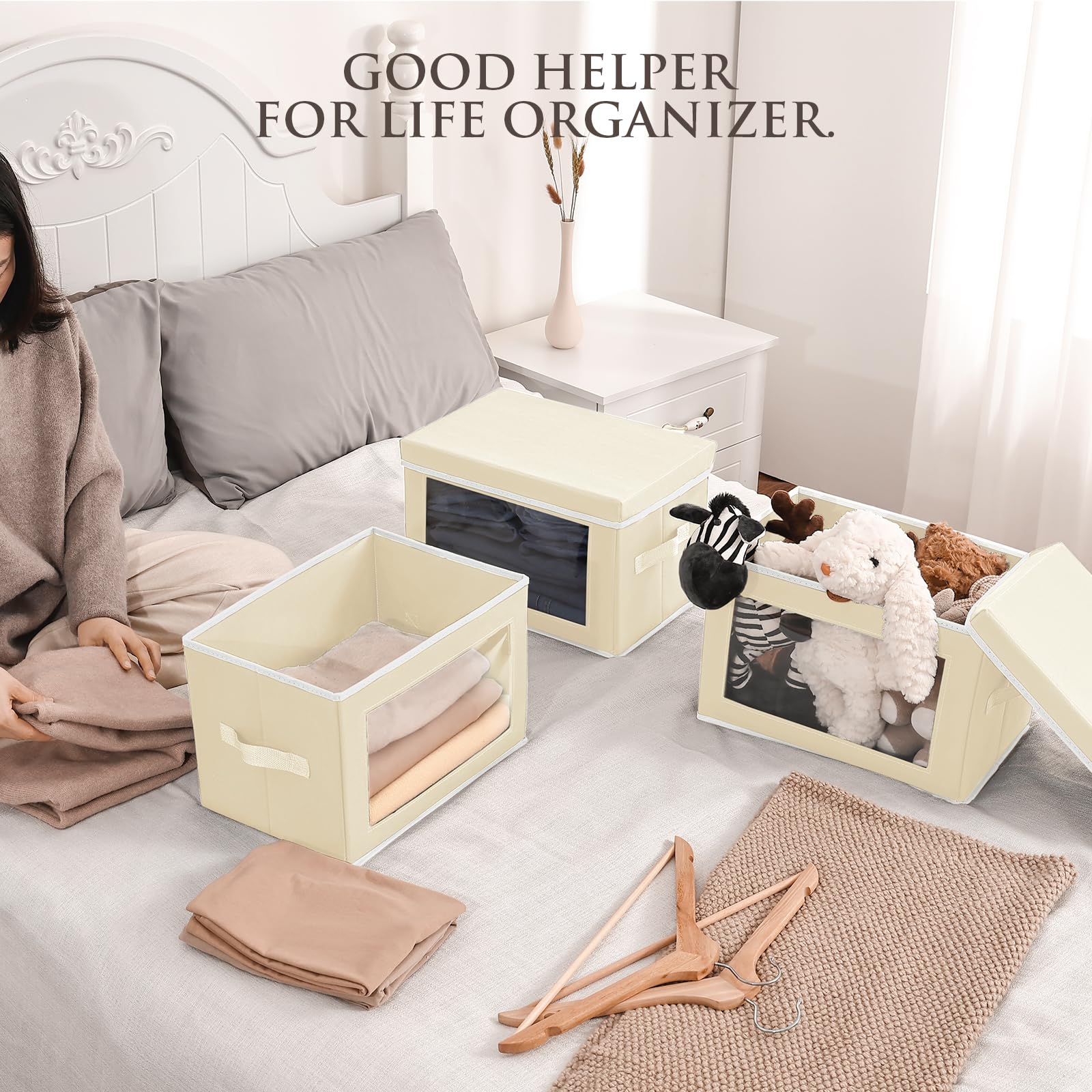 Fabric Storage Bins with Lids - 3 Pack Beige Organizers for Home & Office Closet