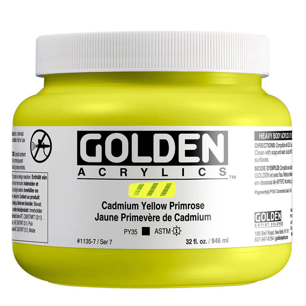GOLDEN Heavy Body Acrylic Paint - Cadmium Yellow Primrose (32 fl oz Jar) | Professional Opaque Acrylics for Artists | Perfect for Canvas Painting, Murals & Fine Art