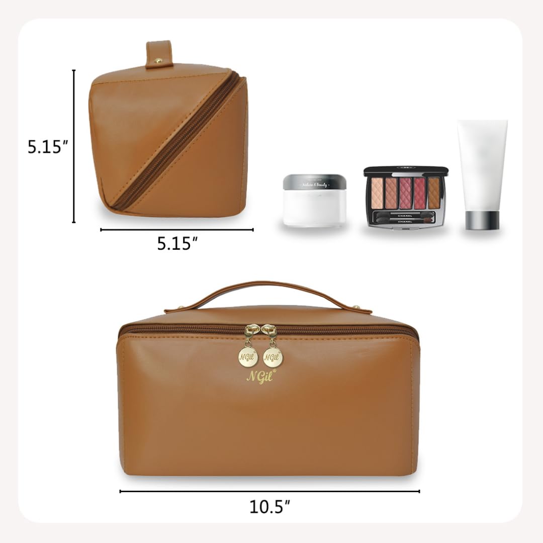 Premium NGIL Travel Toiletry Bag for Women - Waterproof Makeup Organizer with Mirror | Large Capacity Cosmetic Bag for Travel, Gym & Daily Use (Brown, XL)