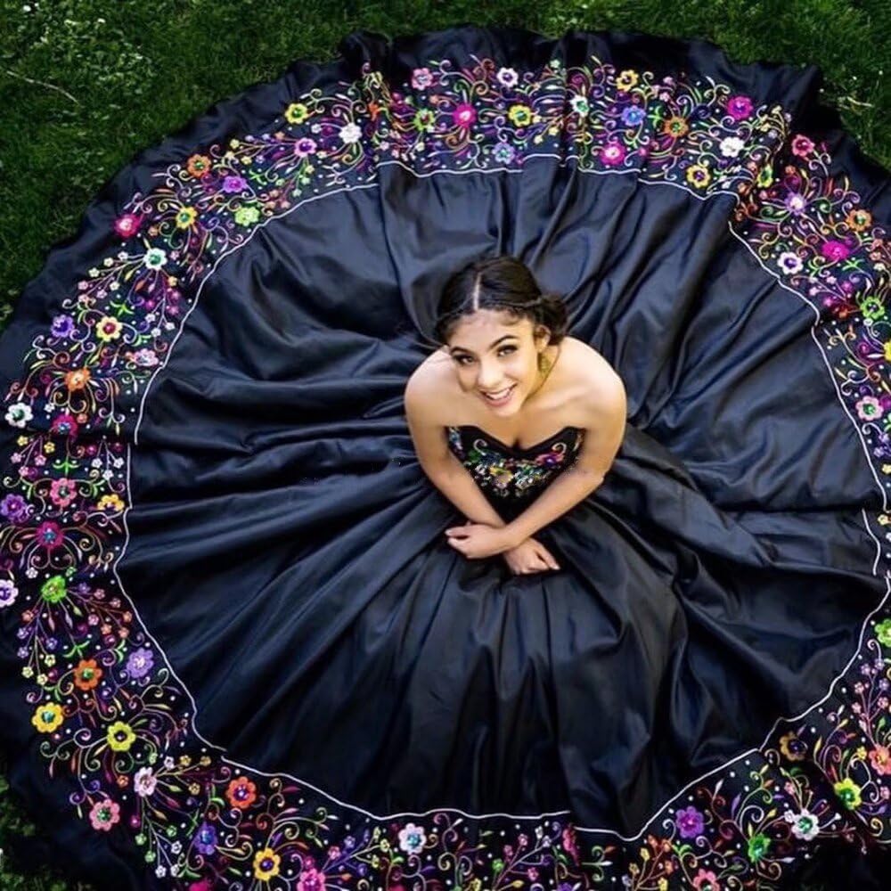 Exquisite Mexican Style Quinceanera Dress with Floral Embroidery & Beads - Strapless Satin Ball Gown for Sweet 16, Prom 2025 - Perfect for Quinceañera Celebrations, Debutante Balls & Formal Dances