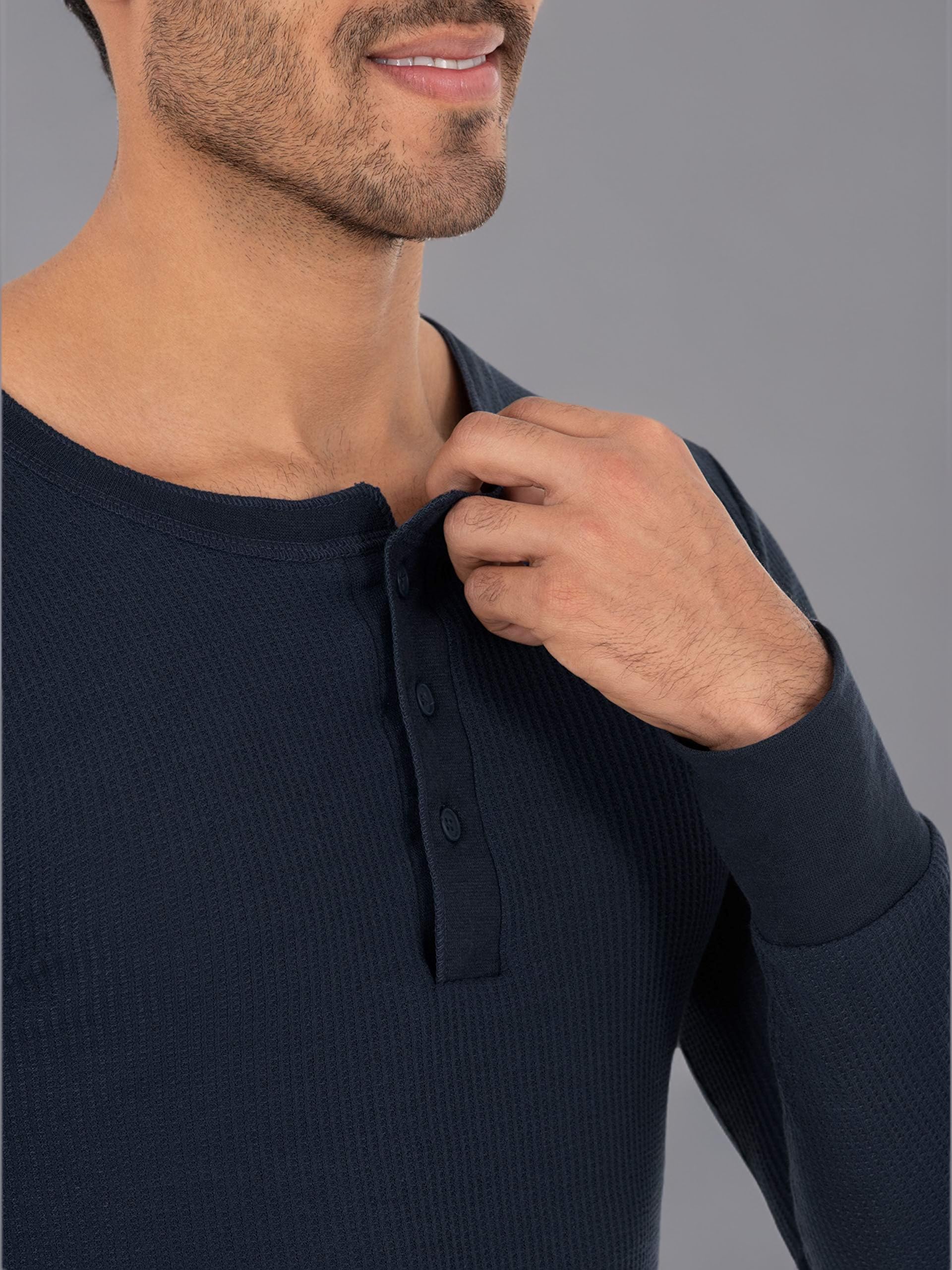 Fruit of the Loom Men's Recycled Waffle Thermal Henley Top - Eco-Friendly Long Sleeve Base Layer for Cold Weather, Hiking & Outdoor Activities