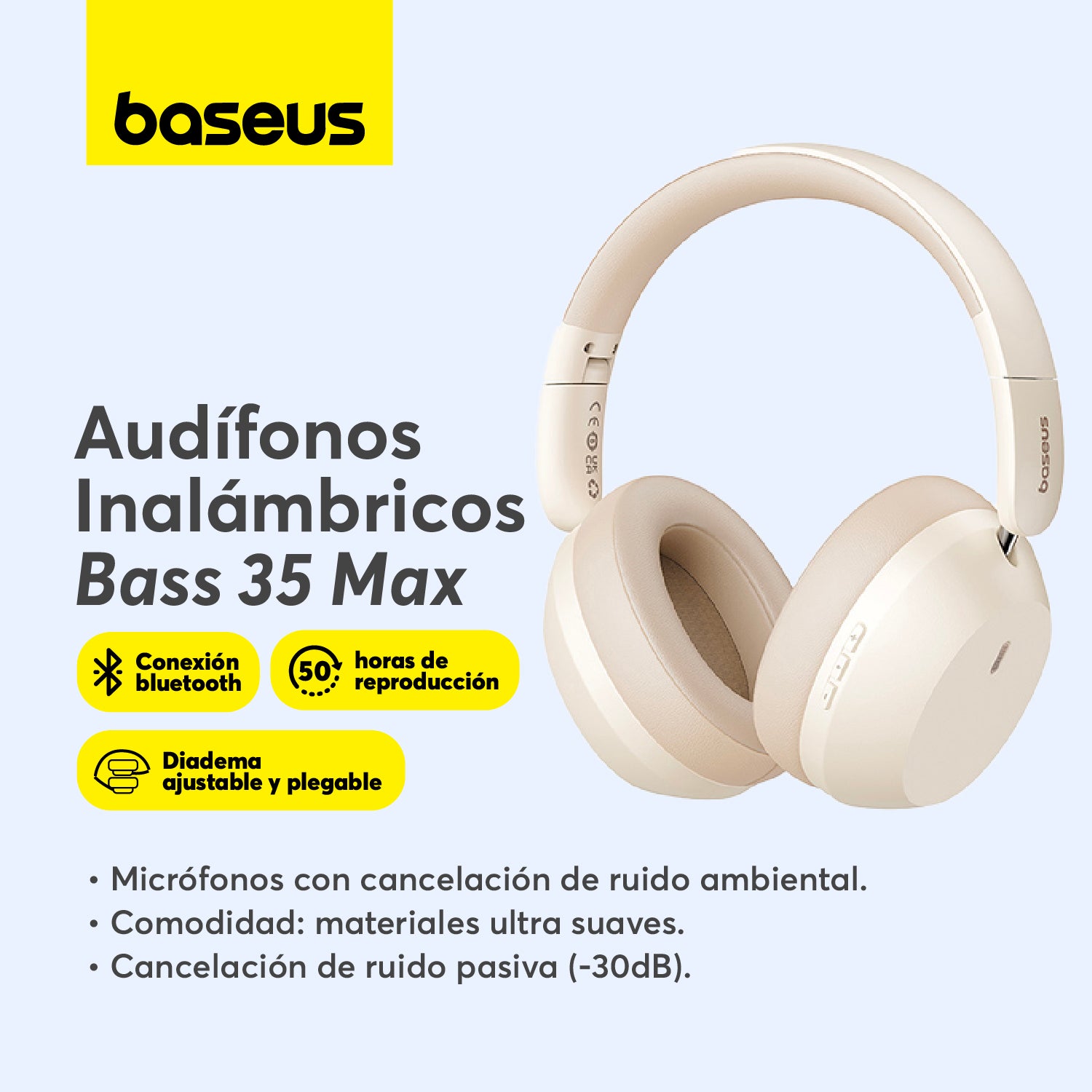 Baseus Bass 35 Max Wireless Bluetooth Headphones with Deep Bass - White | Perfect for Gym, Travel & Workout