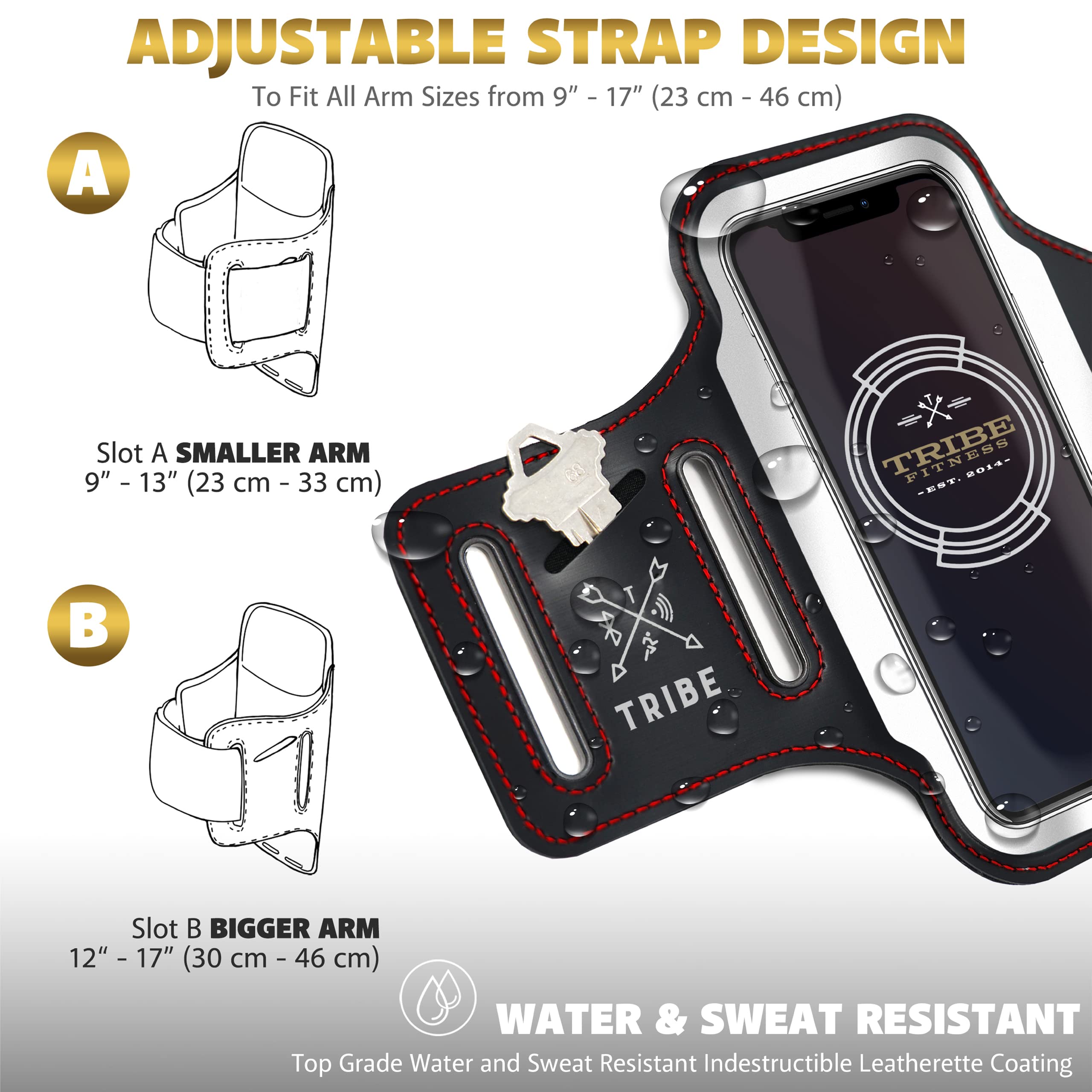 TRIBE Running Phone Holder Armband for iPhone & Galaxy - Adjustable Sports Armband for Men & Women - Perfect for Running, Jogging, Walking, Gym Workouts - Fits All Smartphones with CC/Key Pocket - Stay Connected During Outdoor Activities & Fitness Training