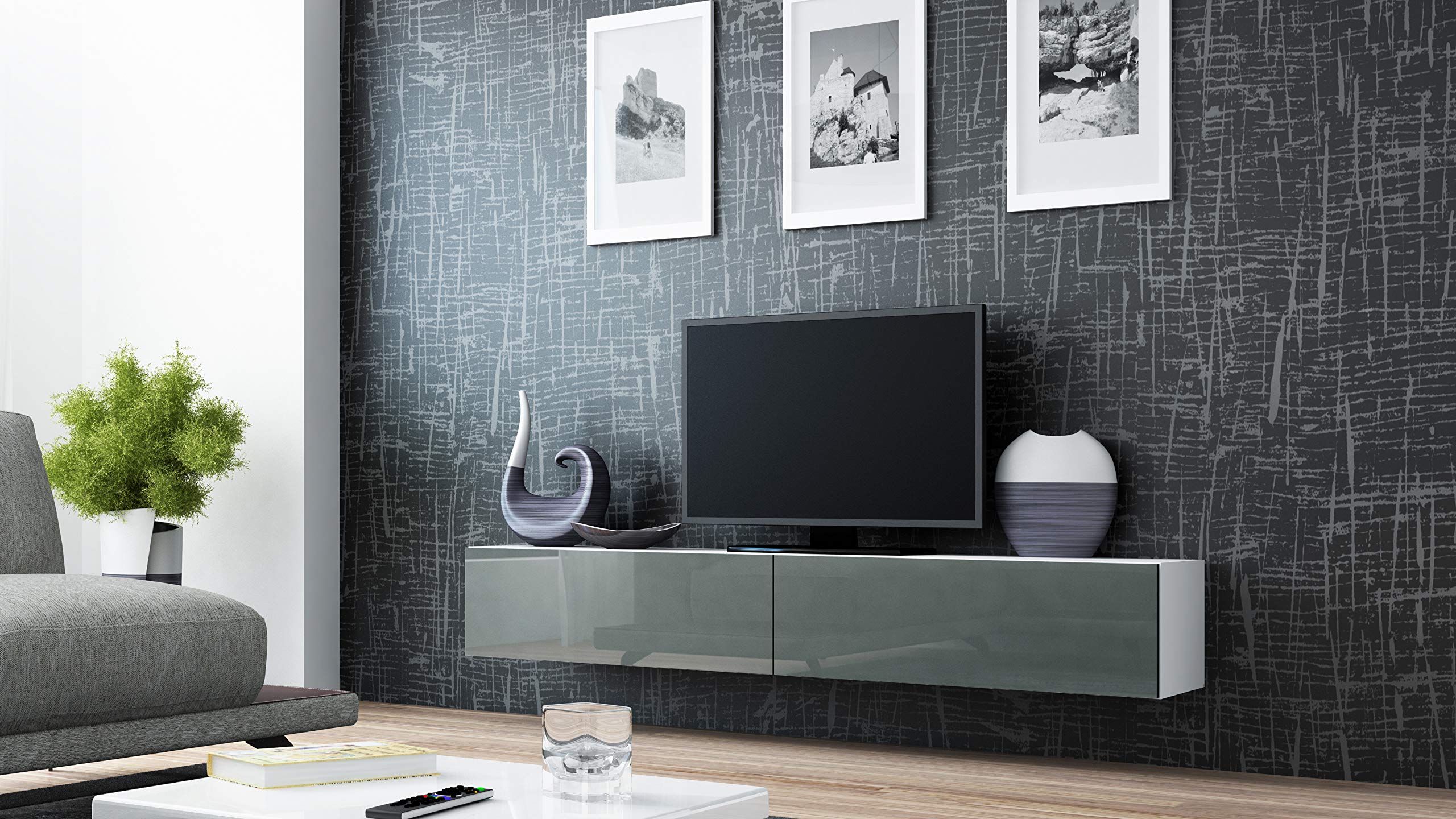 Modern LIDO TV Stand for Living Room - White & Grey Wooden Entertainment Center with Storage Shelves - Perfect for Flat Screen TVs up to 65 inches - Home Theater Furniture for Apartments & Houses