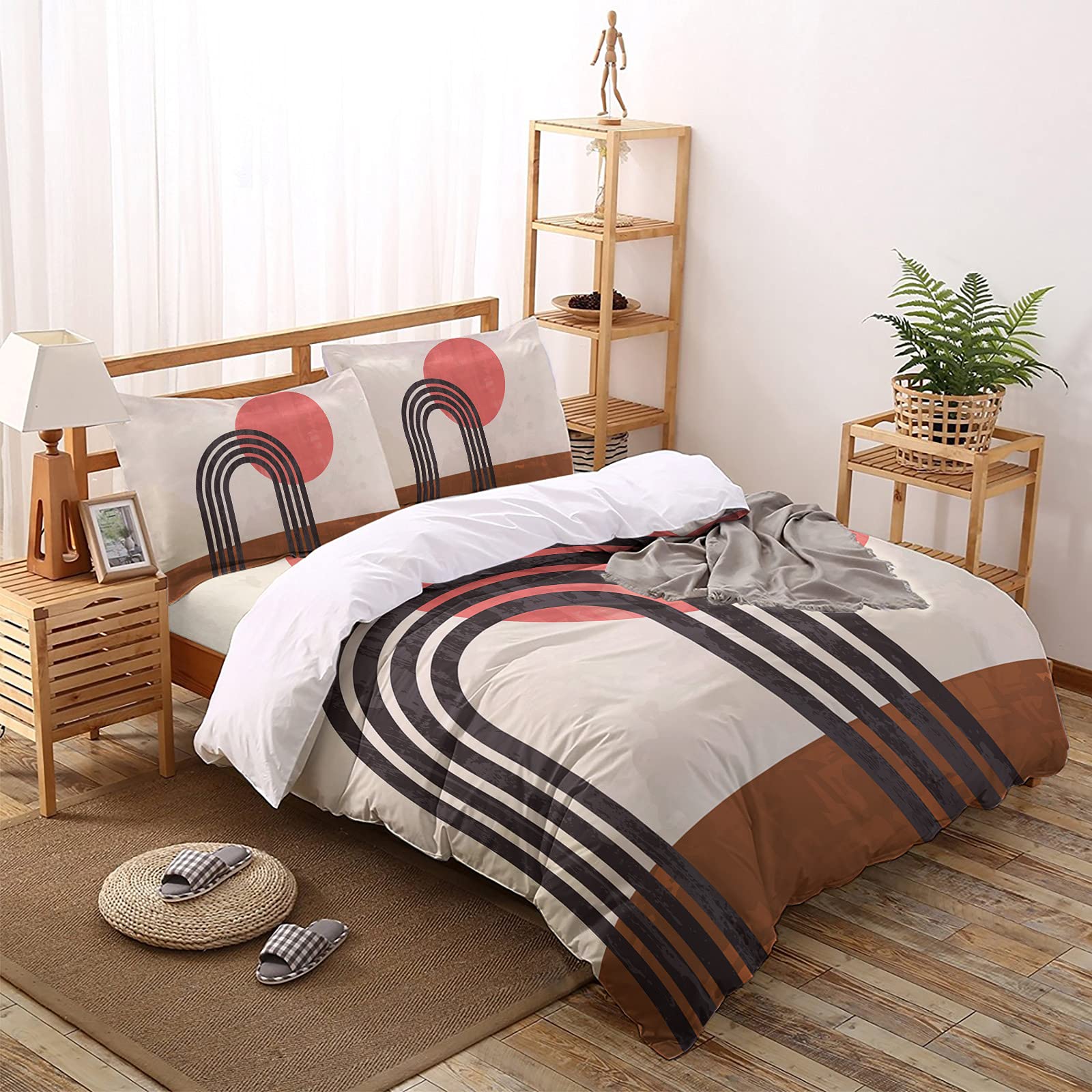 Cal King Duvet Cover Set 4-Piece - Abstract Red Sun Geometric Design, Lightweight Microfiber Bedding for Adults & Teens | Mid-Century Modern Style for Master Bedroom & Guest Room