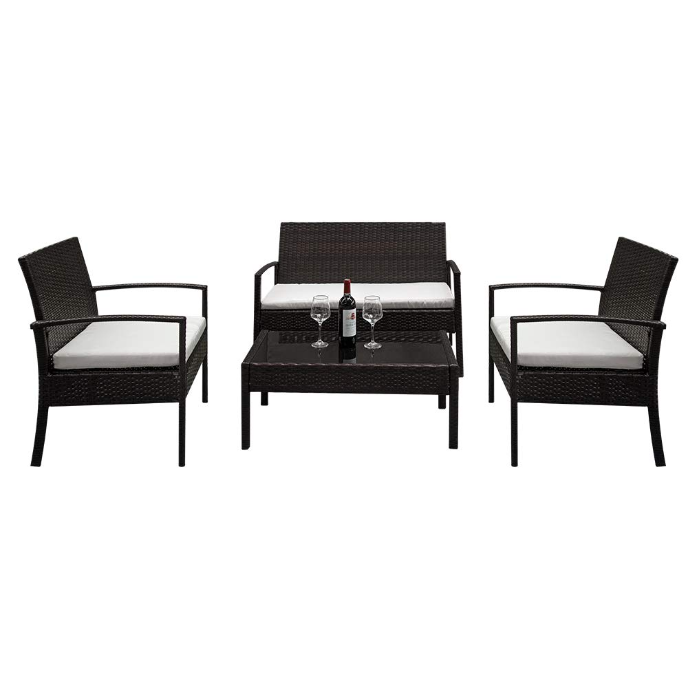 4-Piece All-Weather Outdoor Patio Rattan Furniture Set with 1 Double Seat, 2 Single Chairs & 1 Tempered Glass Coffee Table - Perfect for Garden, Backyard, Poolside or Balcony Relaxation