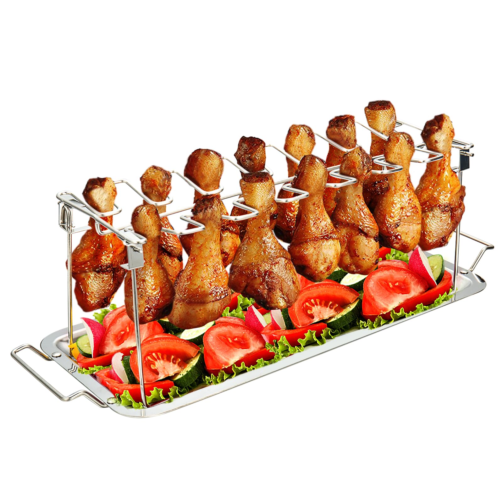 Premium Stainless Steel Chicken Leg Wing Rack for Grill with Drip Tray - 14 Slot Roaster Stand for Smoker, Oven & BBQ - Perfect for Outdoor Grilling, Picnics, Backyard Parties & Camping Cooking