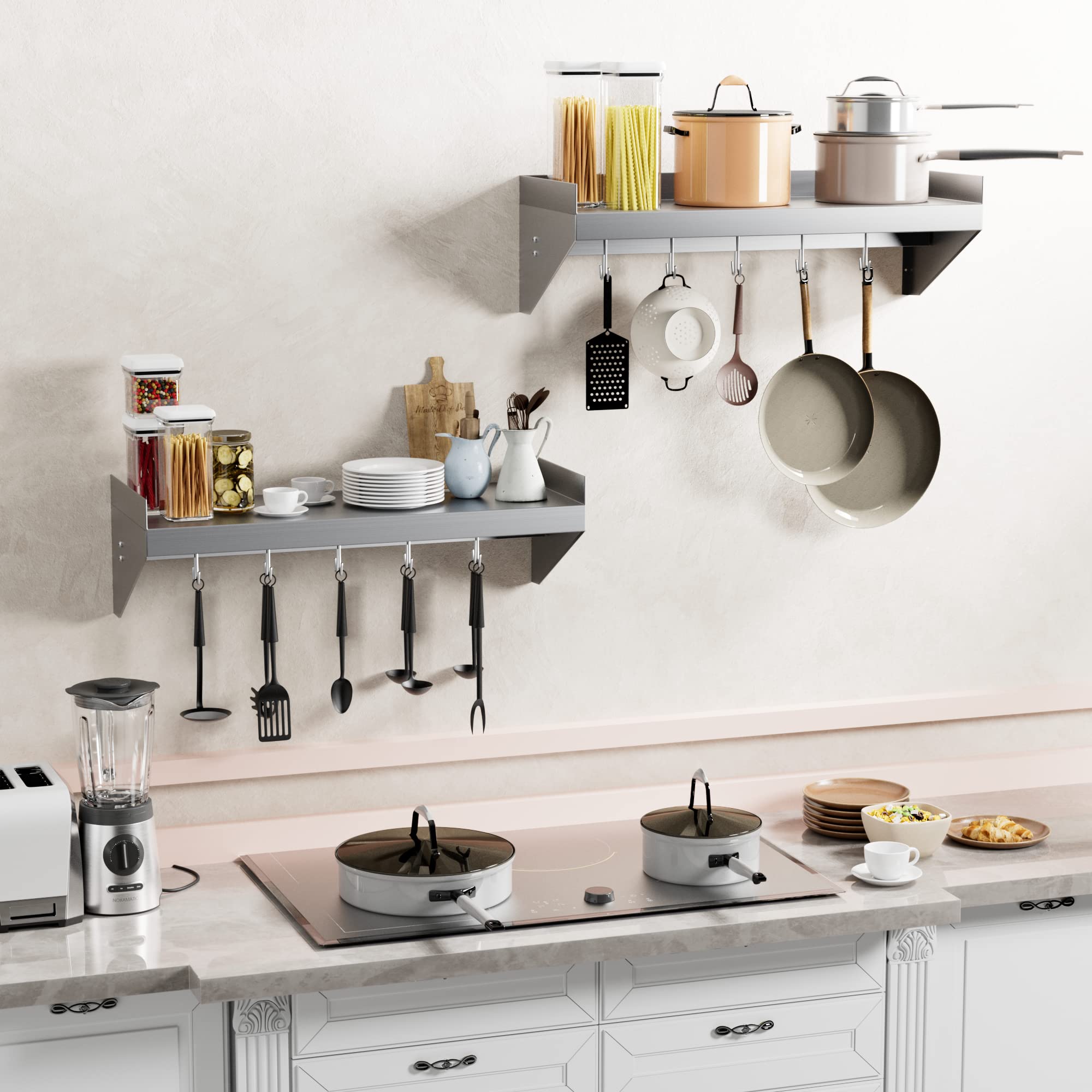 Stainless Steel Wall Shelf 48x14 Inch - Heavy Duty Commercial Kitchen Shelf with 5 Hooks, Microwave Rack & Backsplash - Perfect for Organizing Pots, Spices & Bar Accessories in Restaurants, Home Kitchens & Bars