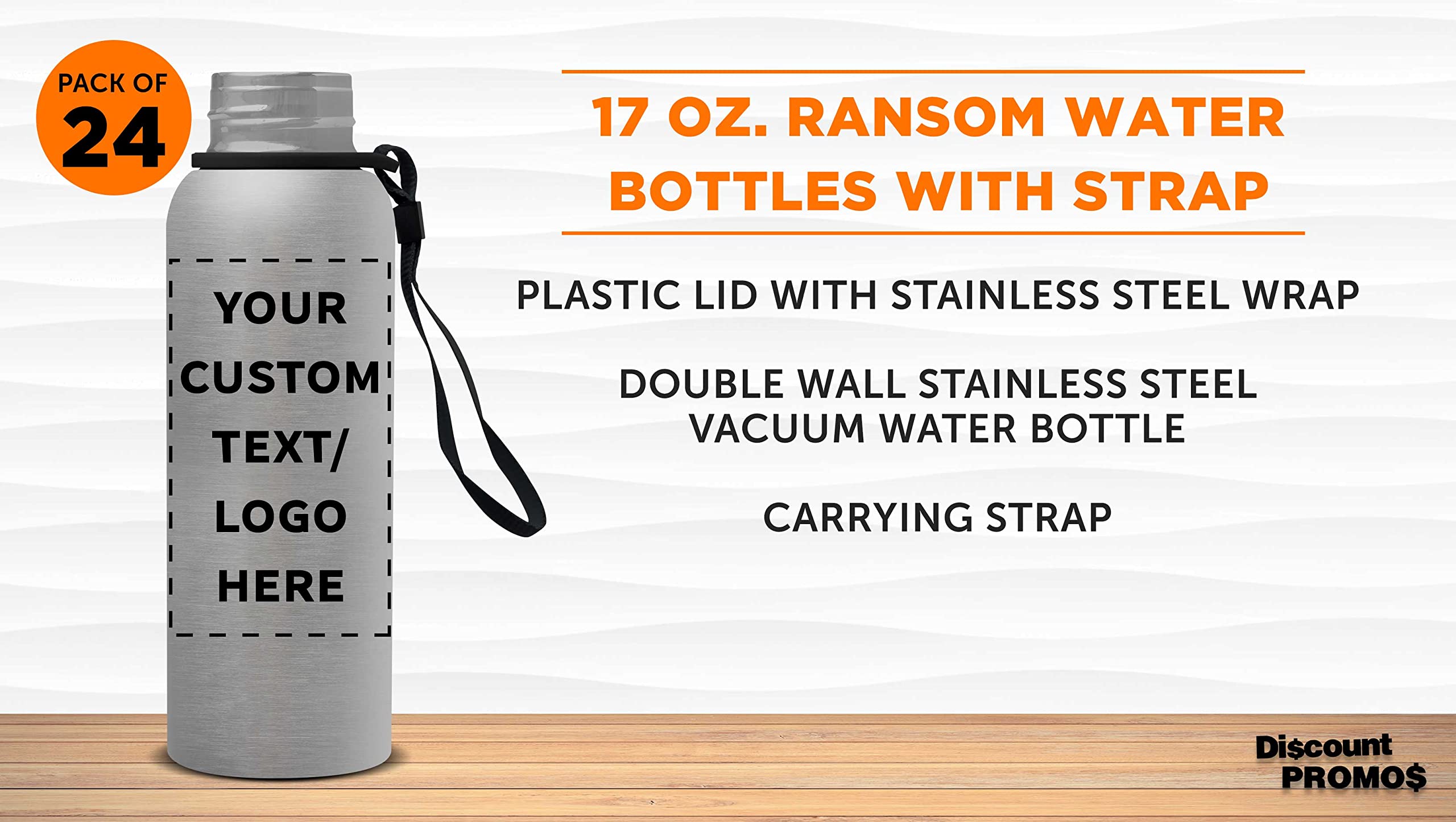 Custom Personalized 17 oz Ransom Water Bottles with Strap - Bulk Pack of 24 - Ideal for Corporate Events, Team Giveaways & Business Promotions - Silver Stainless Steel Bottles for Gym, Office & Outdoor Activities