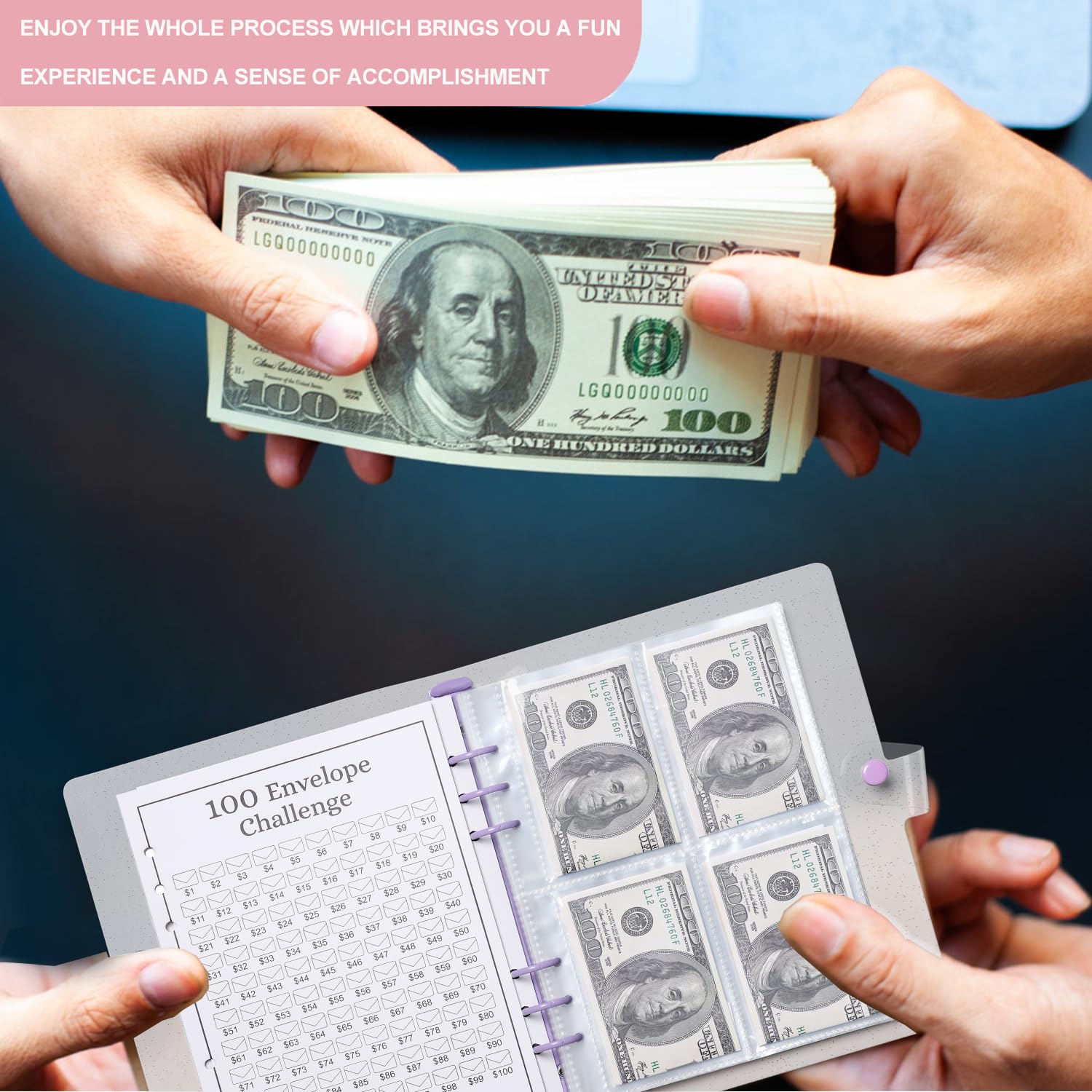 100 Envelopes Money Saving Challenge Binder - Budget Organizer with Cash Envelopes, Pen & Expense Sheets - Save $5,050 Easily (Purple) - Perfect for Personal Finance, Cash Budgeting & Debt Payoff Planning