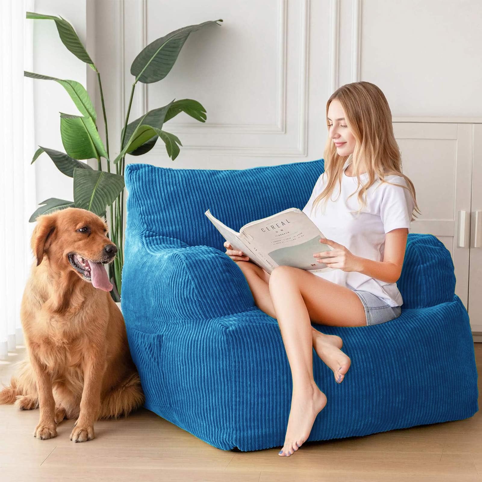 MAXYOYO Giant Bean Bag Chair with Armrests - Oversized Stuffed Bean Bag Couch for Living Room, Bedroom & Game Room - Soft Blue Lounge Chair for Teens & Adults - Perfect for Relaxing, Reading & Movie Nights
