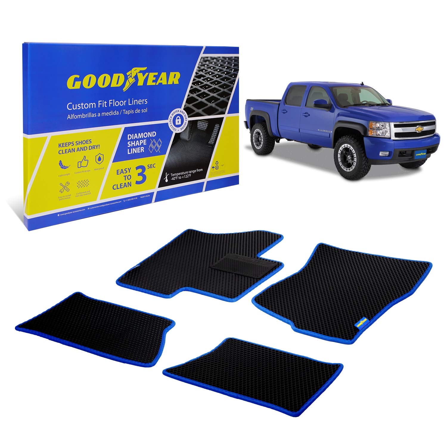 Premium All-Weather Car Floor Mats for Chevrolet Silverado & GMC Sierra 2007-2013 Crew Cab - Heavy Duty Diamond Pattern Floor Liners with Dirt Trapping Technology | Custom Fit Protection | Perfect for Off-Road, Winter & Everyday Driving | Black/Blue Color Option (GY004265)