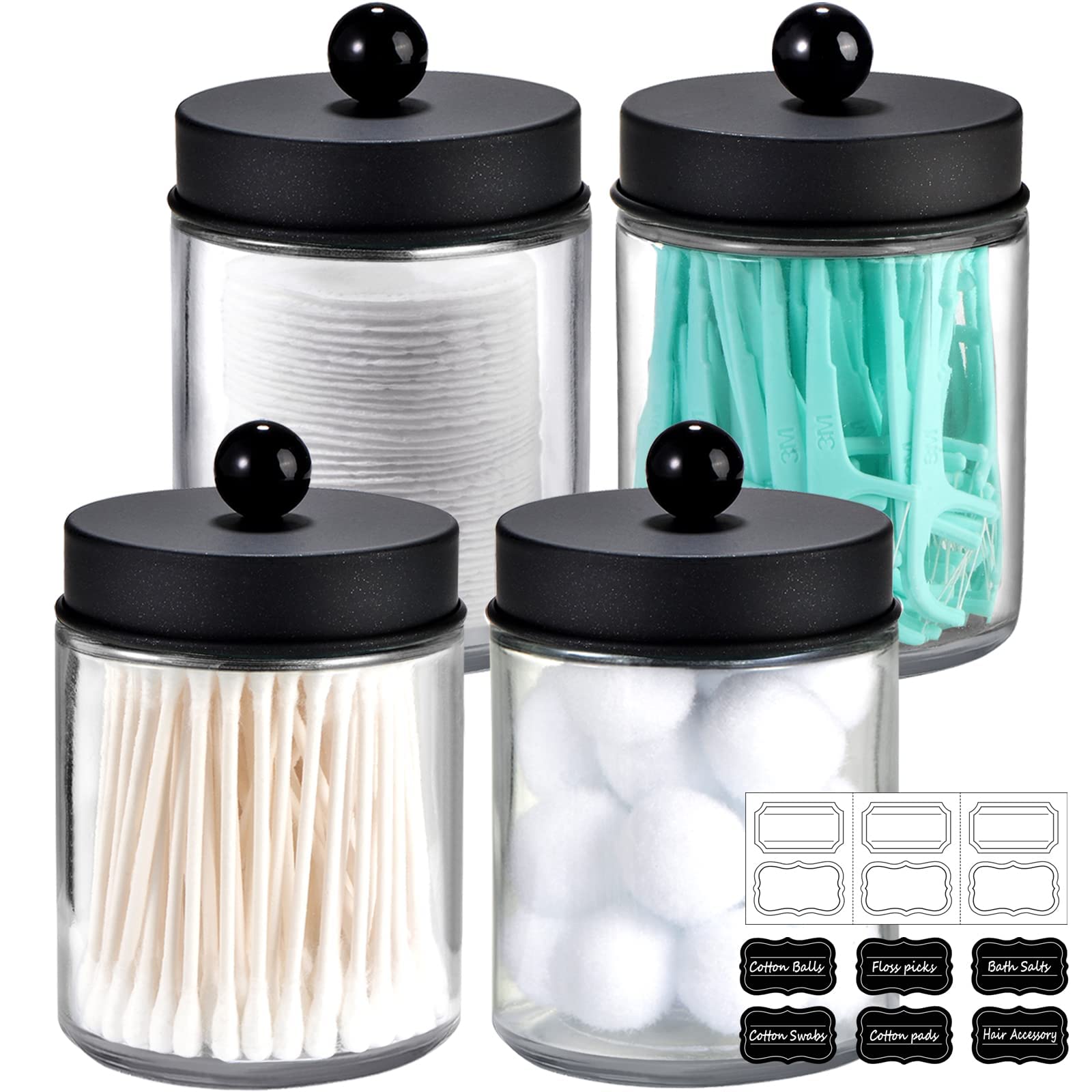 4-Pack Apothecary Jars with Stainless Steel Lids - Bathroom Countertop Storage Organizer Set for Qtips, Cotton Swabs & Makeup Sponges - Includes Decorative Stickers (Black) | Perfect for Vanity, Spa & Guest Bathroom Organization