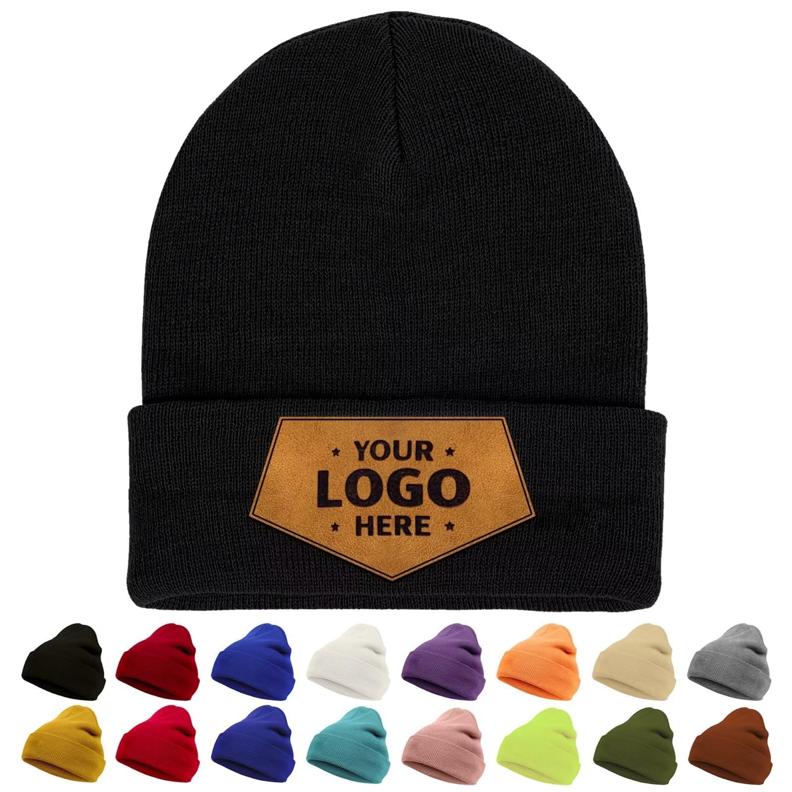 Custom Embroidered Beanies with Leather Patch - Personalized Winter Skull Cap for Men & Women - Add Your Own Text, Photo or Logo - Warm Fleece Lined Beanie for Outdoor Activities, Skiing & Cold Weather Fashion