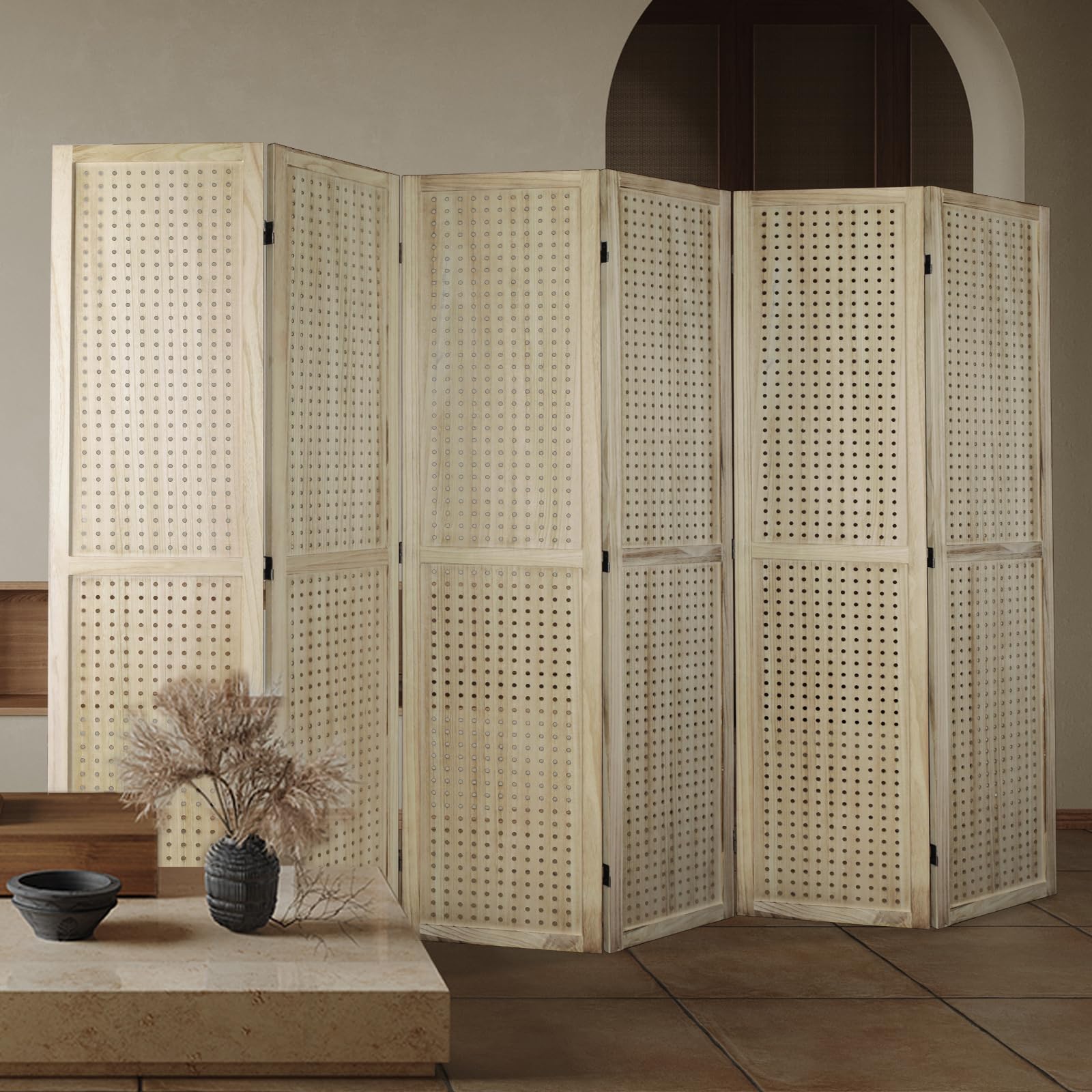 ECOMEX 6 Panel Wooden Room Divider - 5.6Ft Folding Privacy Screen & Pegboard Display for Home, Office, Trade Shows | Freestanding Wall Organizer | Natural Wood Finish | Perfect for Room Separation, Craft Displays & Retail Spaces