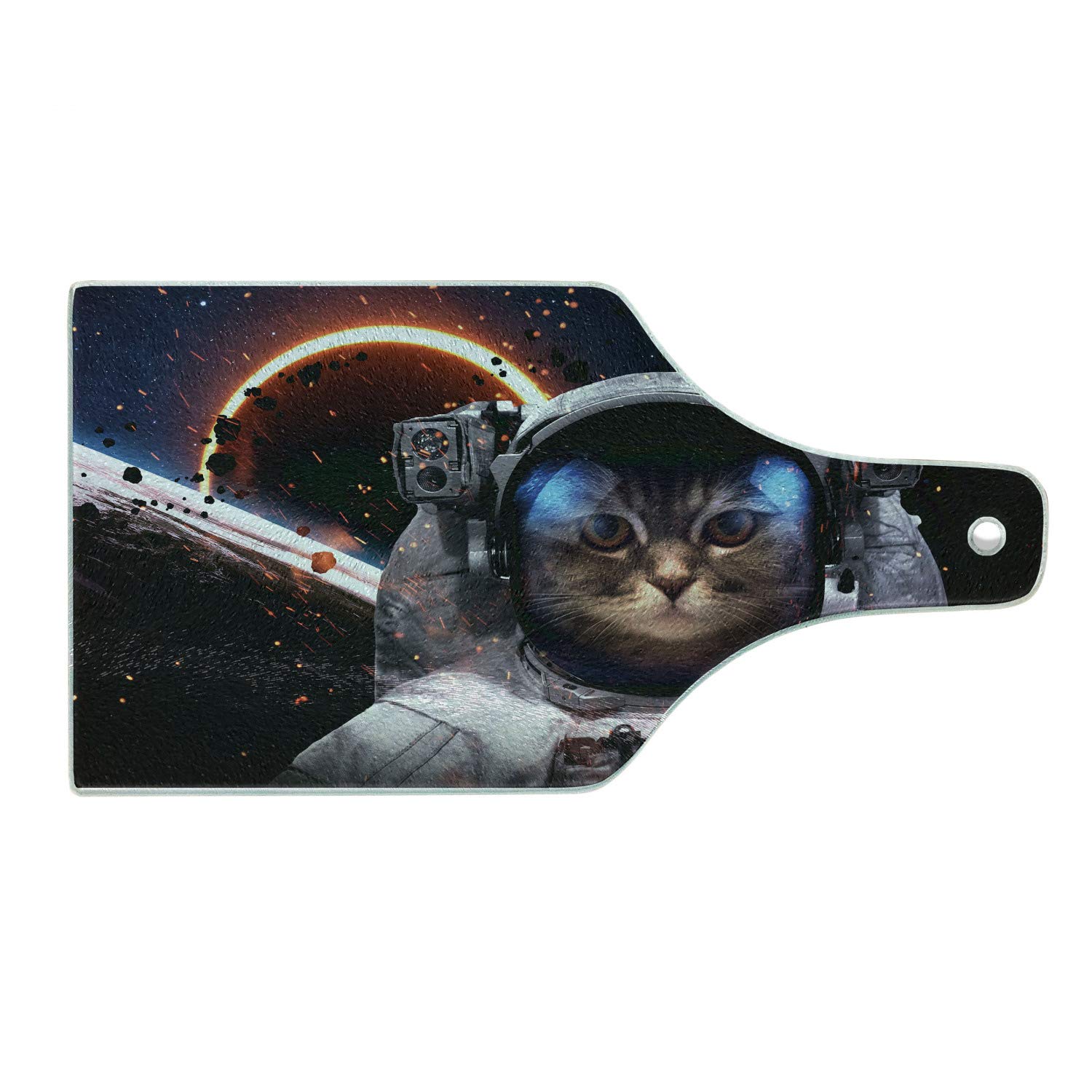 Ambesonne Space Cat Cutting Board - Astronaut in Comet Galaxy Clusters Outer Space Art Print - Tempered Glass Serving Board for Kitchen & Entertaining - Wine Bottle Shape in Dark Blue, White & Black - Perfect for Cheese Platters, Charcuterie Boards & Party Serving