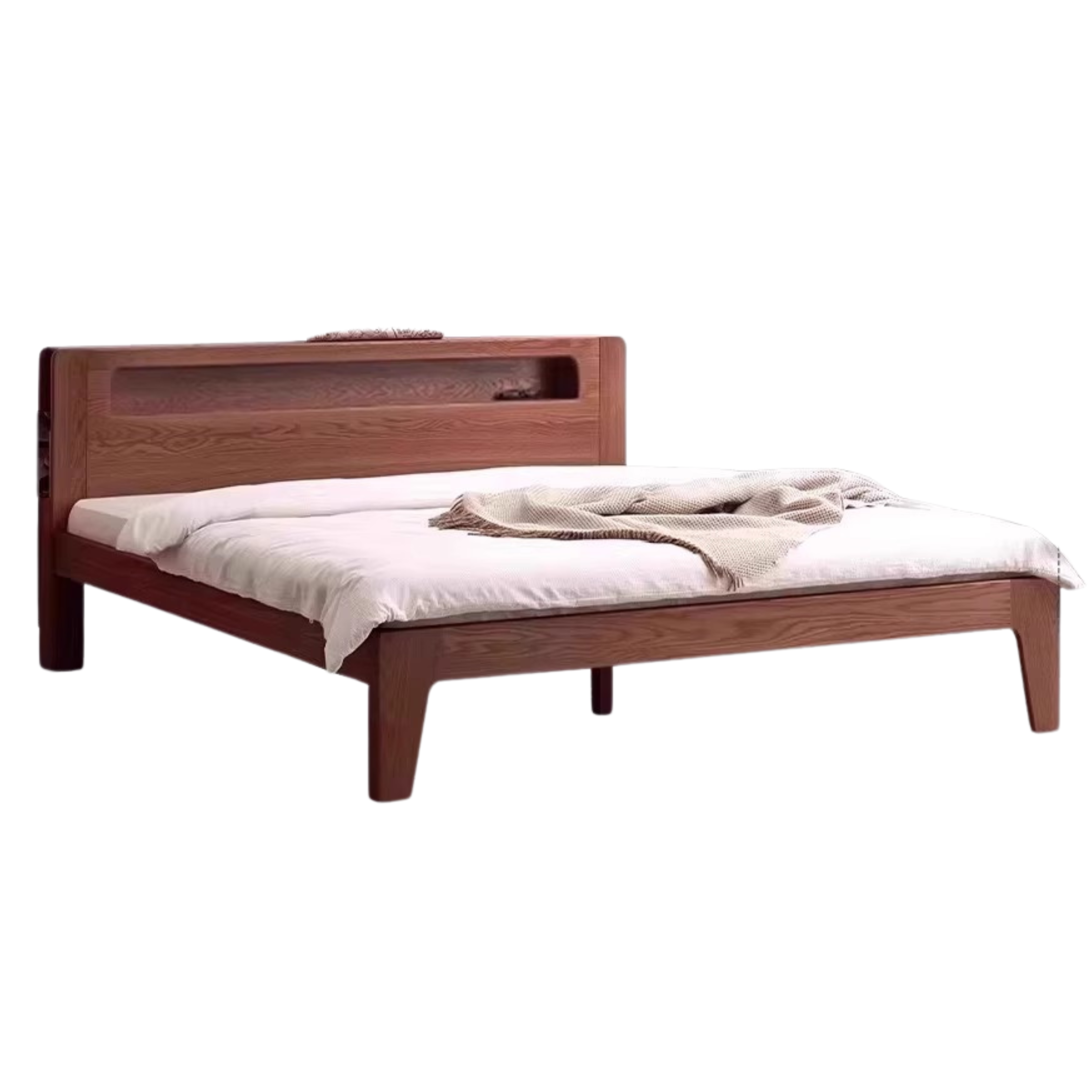 Solid Oak and Beech Wood Bed with Built-in LED Lights and Bookshelf - Modern Bedroom Furniture for Small Spaces, Lofts, and Studio Apartments