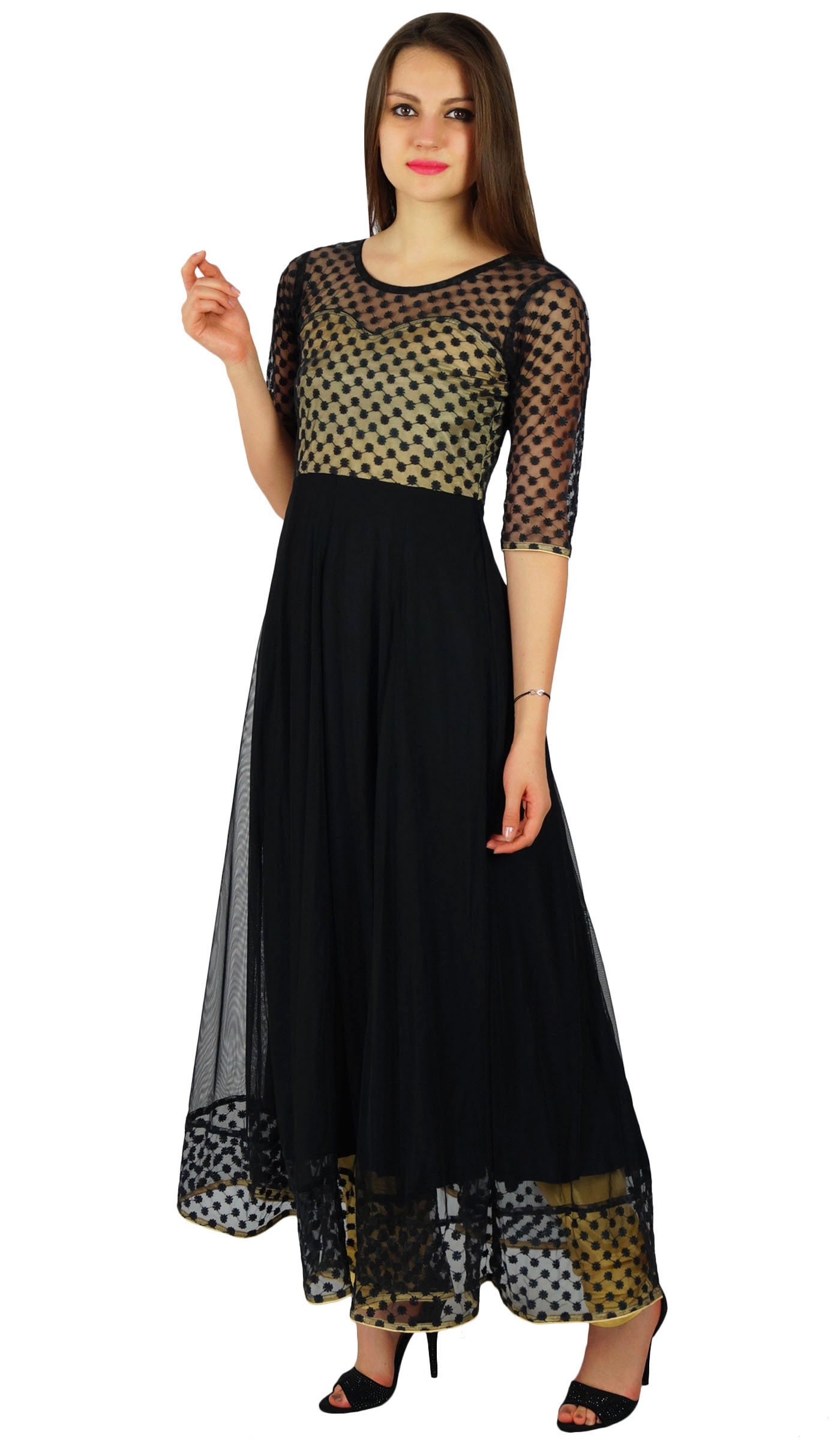 Bimba Women's Black Net Anarkali Kurta Kurti - Long Formal Party Dress Indian Ethnic Wear for Weddings, Festivals & Special Occasions
