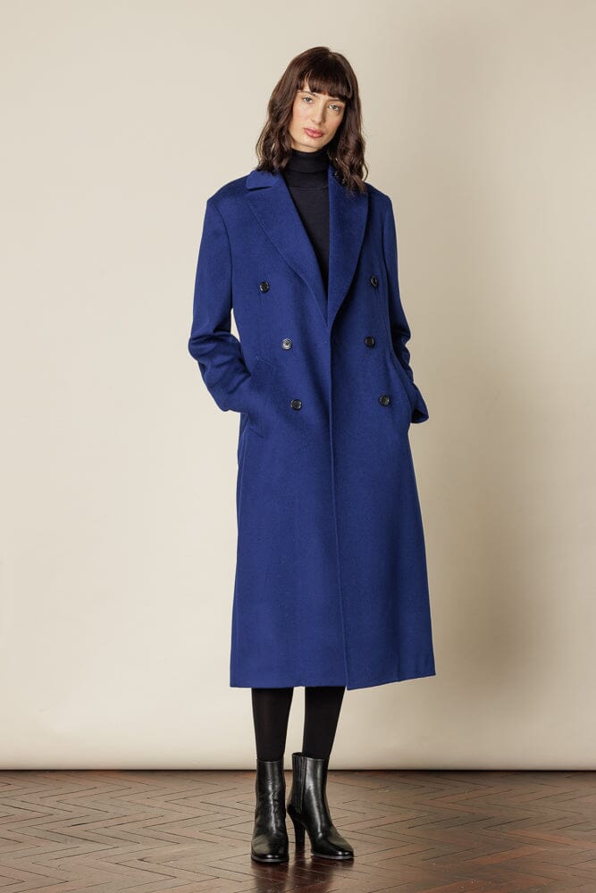 Premium Long Double Breasted Wool Coat for Women - Navy Blue | Winter Warm Overcoat | Office, Business, and Formal Occasions