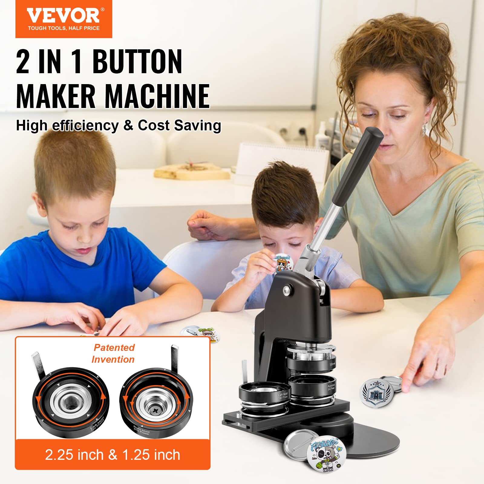 VEVOR Button Maker Machine Kit - 1.25 & 2.25 Inch Badge Press with 500pcs Button Parts, Circle Cutter & Magic Book - DIY Pin Making Supplies for Kids Crafts, School Projects & Party Favors - Perfect for Custom Buttons, Gifts & Event Souvenirs