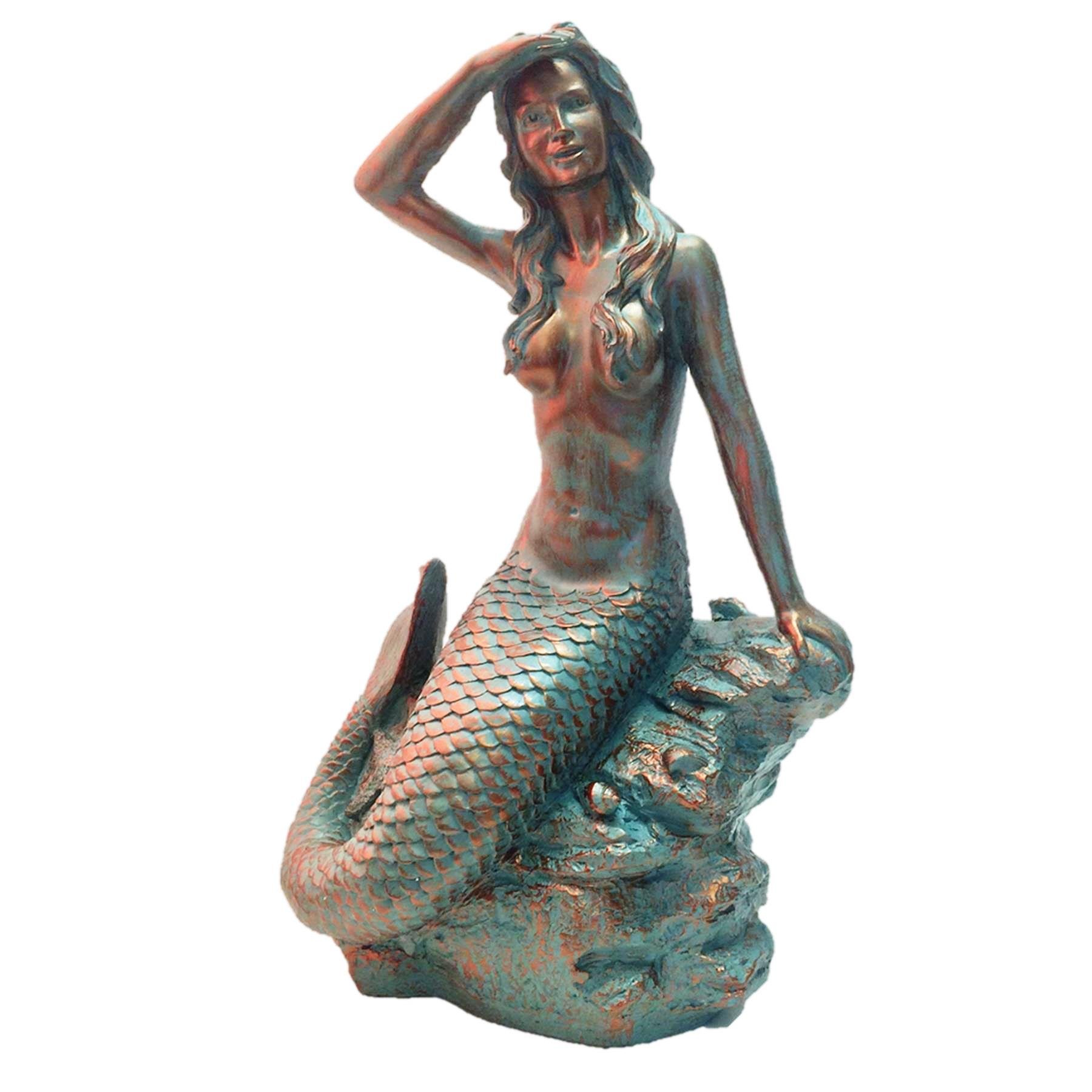 HomeStyles Medium Classic Beach Mermaid on Rock Statue 99371 - 23 Inch Bronze Patina Outdoor Garden Decor for Poolside, Patio & Coastal Themed Spaces