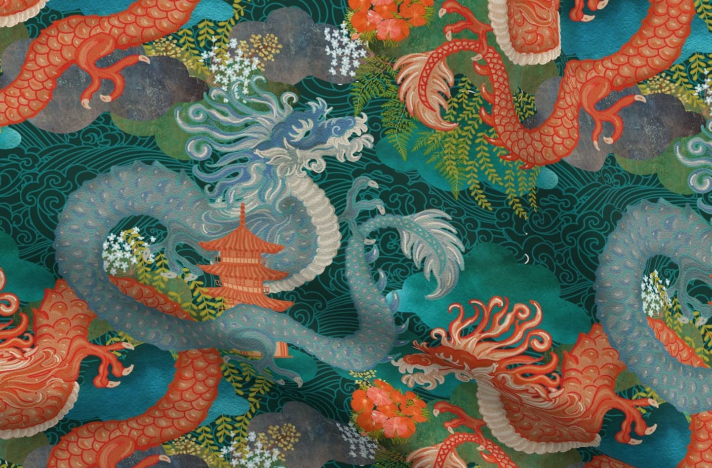 Ocean Dragon Blue Printed Fleece Fabric Fat Quarter - Soft & Cozy for Sewing Blankets, Loungewear, DIY No-Sew Projects - Perfect for Baby Blankets, Robes & Home Decor
