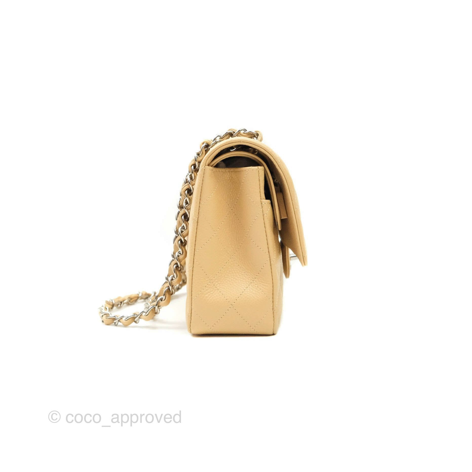 Chanel Classic M/L Medium Double Flap Bag in Beige Caviar Leather with Silver Hardware - Luxury Handbag for Women, Perfect for Work, Parties & Everyday Use