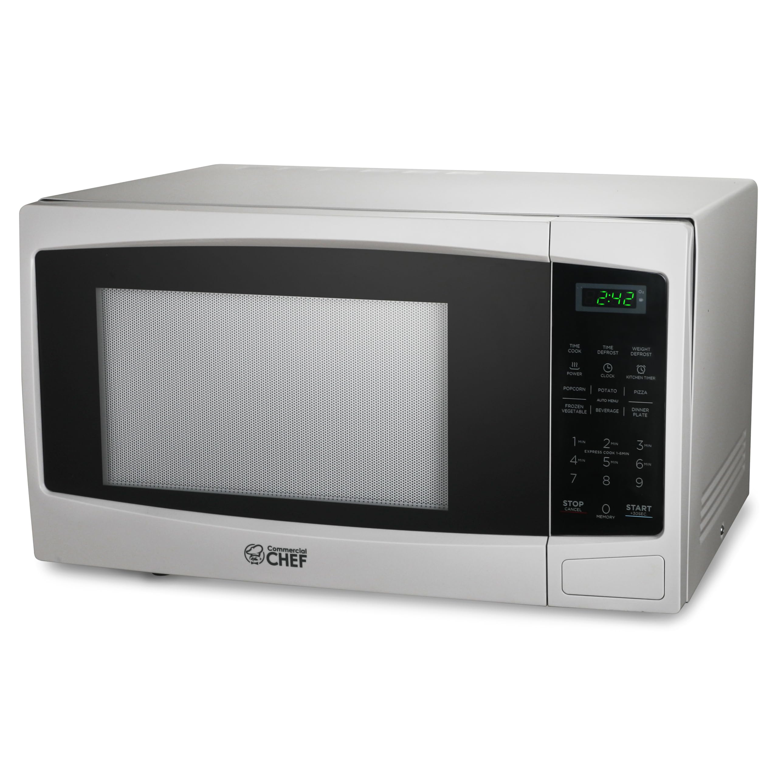Commercial Chef 1.1 Cu Ft 1000W Countertop Microwave Oven - 10 Power Levels, Push Button Door Lock, Digital Controls & Turntable - Perfect for Home Kitchen, Office, Dorm & Small Spaces (White)