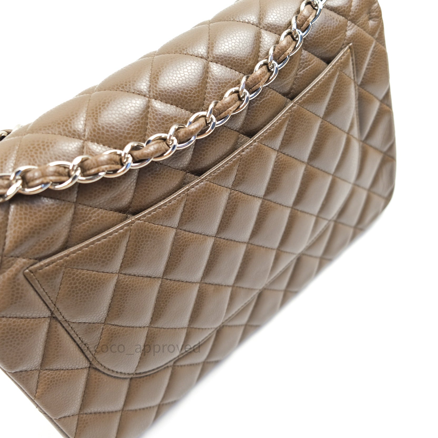 Chanel Classic Double Flap Quilted Jumbo Bag in Khaki Caviar Leather with Silver Hardware - Luxury Designer Handbag for Women, Perfect for Work, Evening Events & Everyday Use