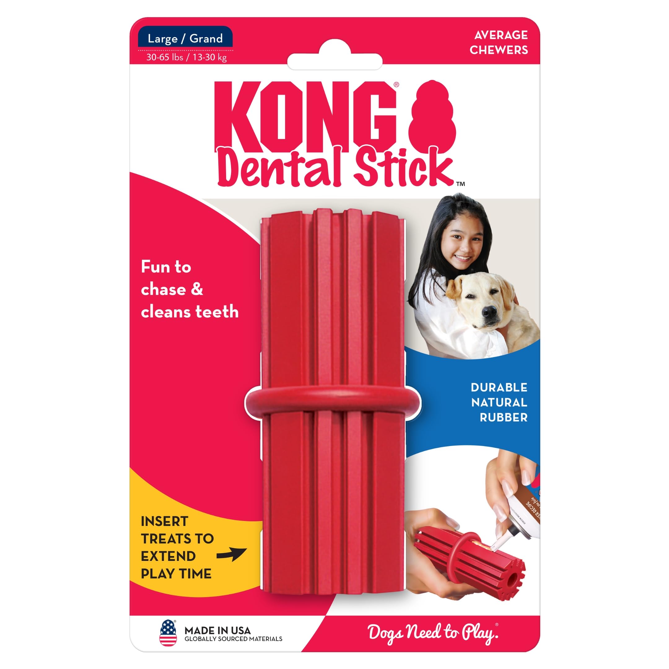 Durable KONG Dental Stick for Large Dogs - Natural Rubber Chew Toy for Teeth Cleaning & Gum Health - Stuffable Dog Chew for Instinctual Needs & Stress Relief - Perfect for Playtime, Training, and Dental Care
