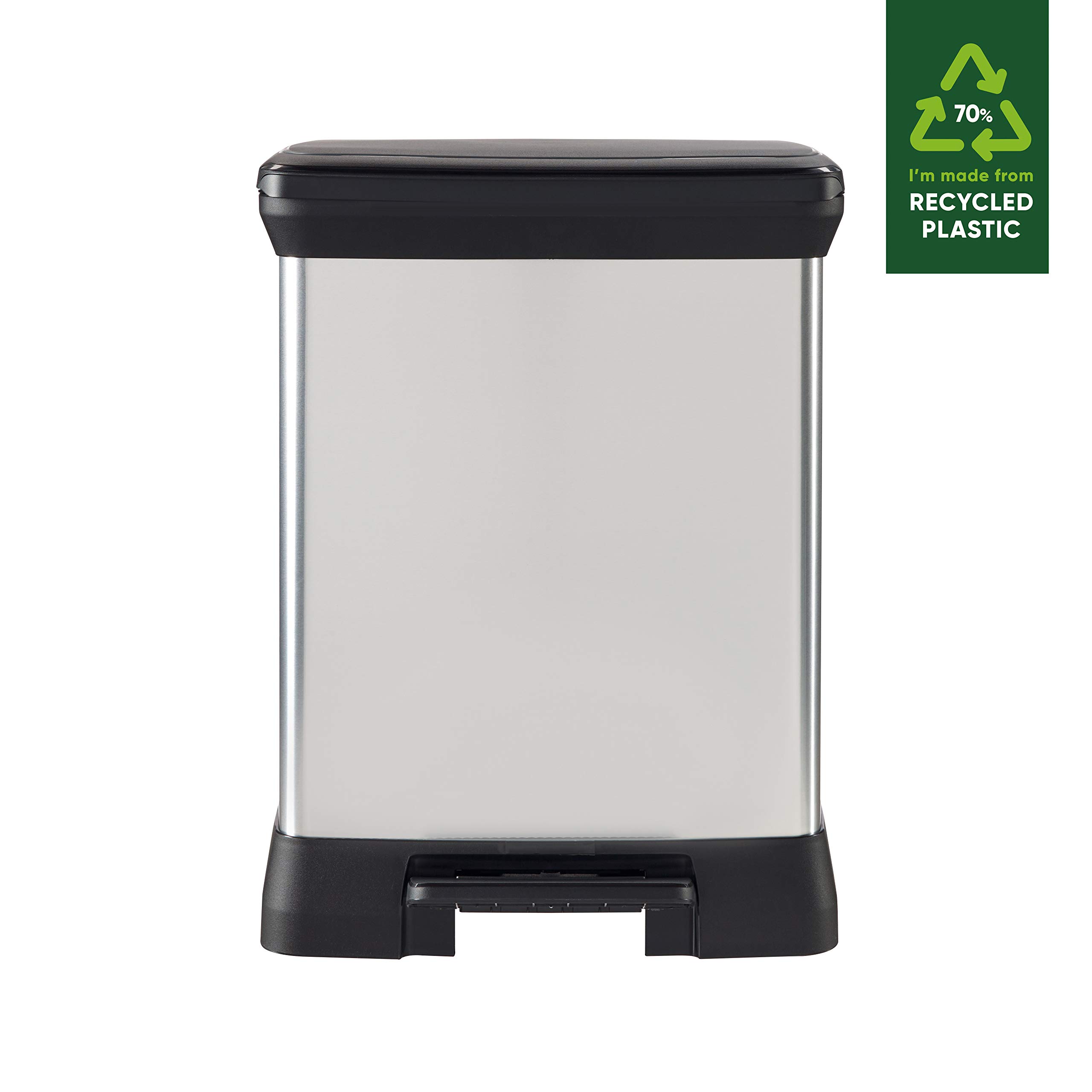 Curver Metal Effect 70% Recycled 30L Dual Compartment Kitchen Recycling Bin with Pedal Touch - Silver | Eco-Friendly Waste Bin for Kitchen, Office & Home Decor