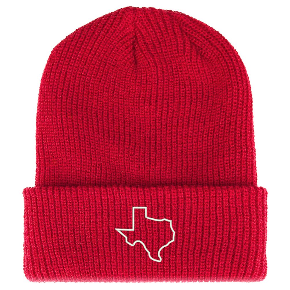 Texas State Outline Embroidered Ribbed Cuffed Knit Beanie - Trendy Winter Hat for Men & Women - Perfect for Outdoor Activities, Sports, and Casual Wear
