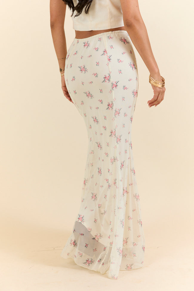 Floral Echo Ivory and Pink Knit Maxi Skirt for Women - Boho Chic Long Skirt with Floral Pattern, Perfect for Beach, Vacation & Summer Outfits