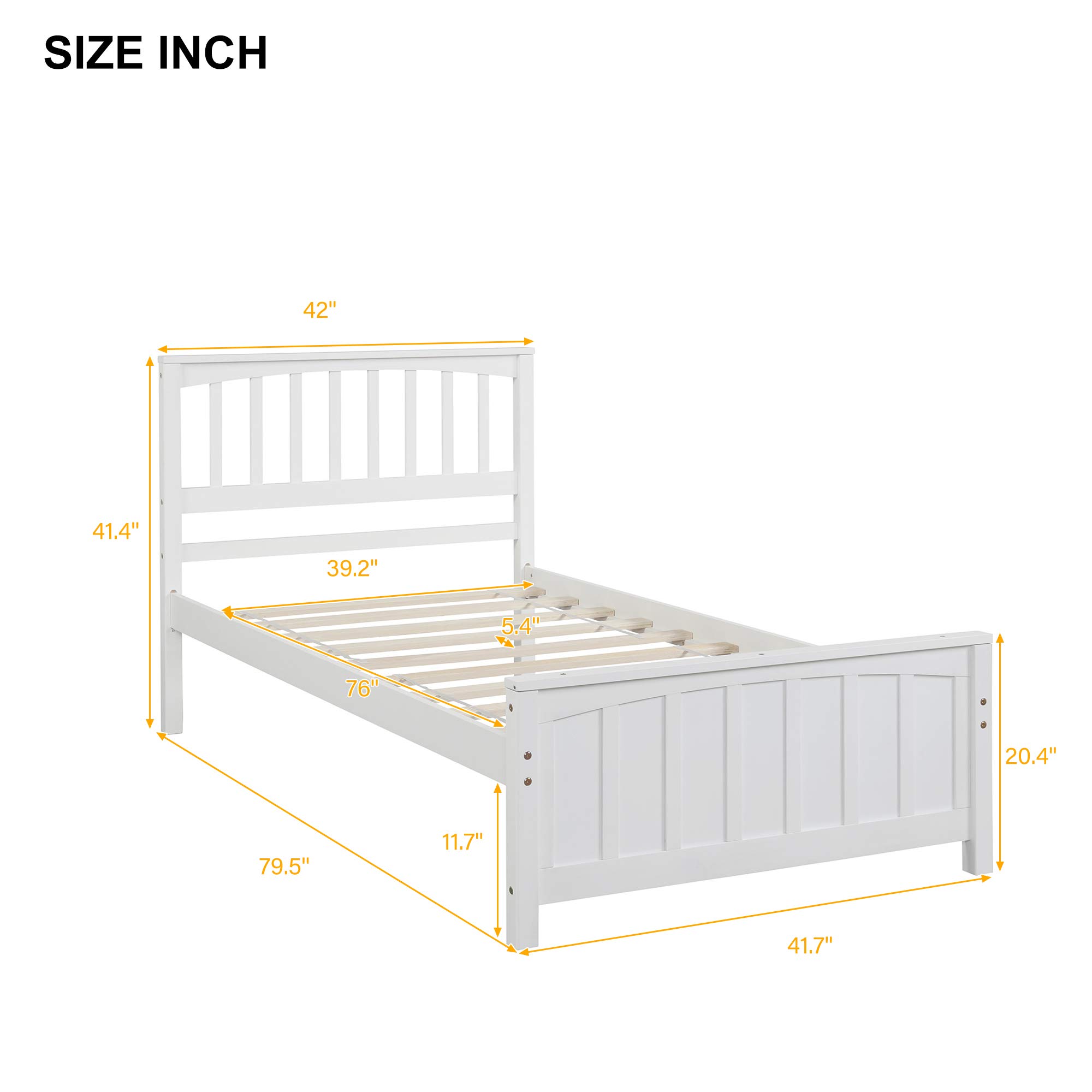 **P PURLOVE Twin Size Bed Frame - Solid Wood Platform Bed with Headboard & Slat Support, No Box Spring Needed, White - Perfect for Kids' Rooms, Guest Rooms & Small Spaces**