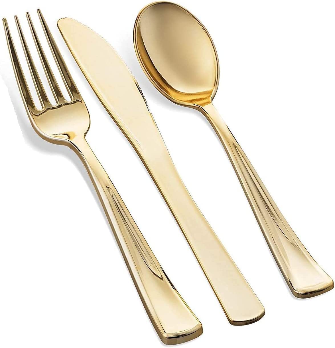 125-Piece Gold Dinnerware Party Set - 50 Gold Rim Clear Plastic Plates, 25 Dinner & 25 Dessert Plates, 25 Knives, Forks & Spoons - Disposable Tableware for 25 Guests - Perfect for Weddings, Birthdays, Baby Showers & Holiday Celebrations