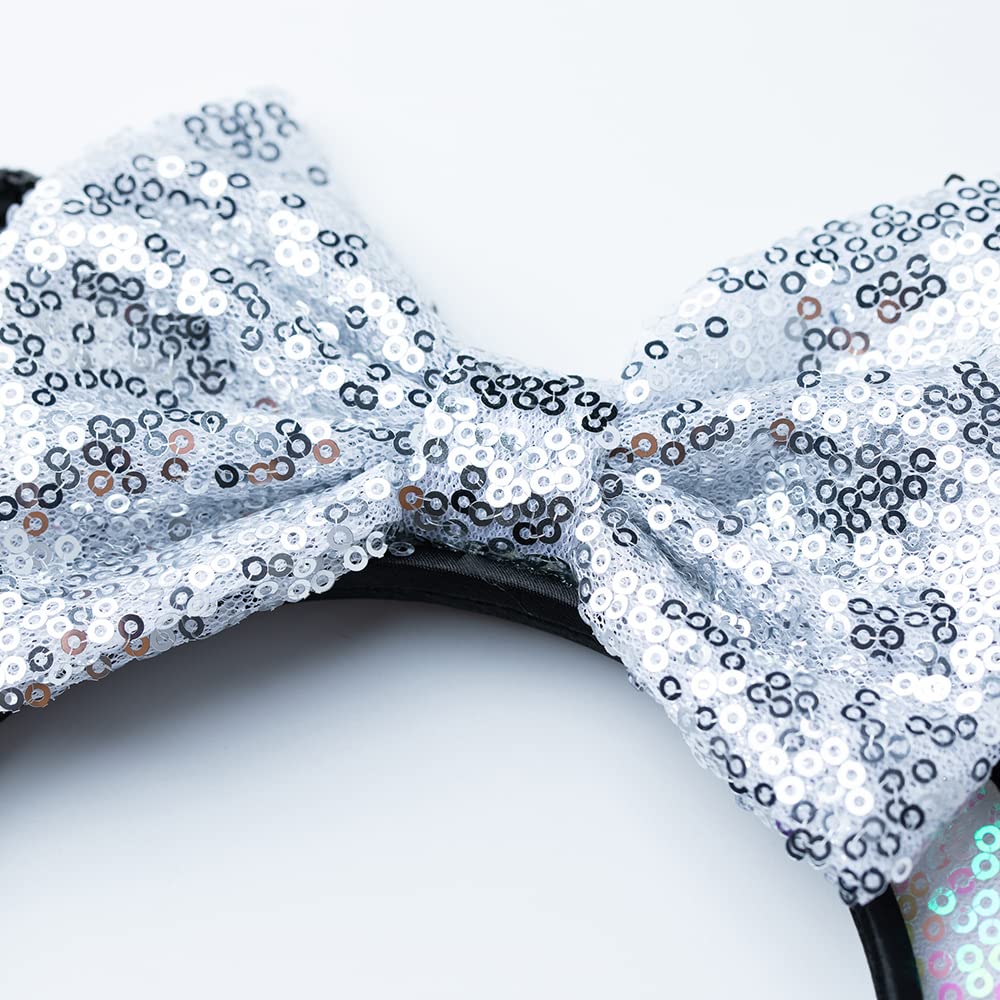 Foeran Shiny Glitter Mouse Ears Headband with Bows - Star Wars Princess Party Costume Accessories for Women & Girls (White) - Perfect for Cosplay, Disney Trips, and Themed Birthday Parties