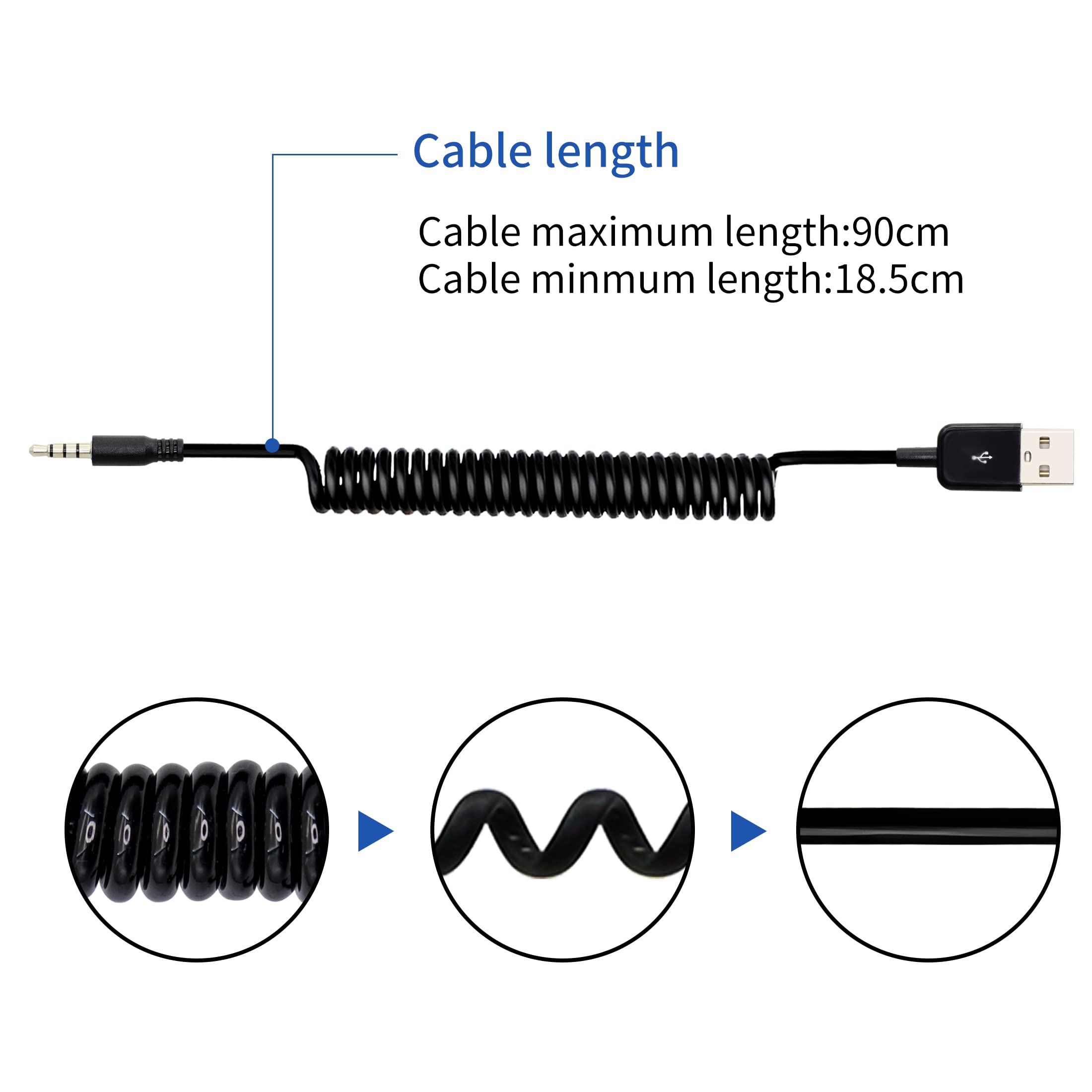 YACSEJAO USB to 3.5mm Audio Jack Coiled Cable - 3.5mm Male AUX to USB 2.0 Male Charging Adapter Cord for MP3 Players, Headphones, Car Audio & Portable Speakers - Perfect for Music Streaming, Hands-Free Calls & Device Charging
