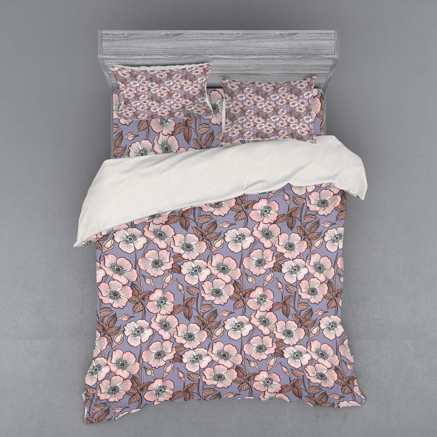 Ambesonne Vintage Duvet Cover Set - Graceful Nature Theme with Poppy Buds & French Garden Design, 4-Piece Queen Size Bedding Set (Duvet Cover + 2 Shams + Fitted Sheet) in Mauve Blush - Perfect for Master Bedrooms, Guest Rooms & Boho Chic Home Decor