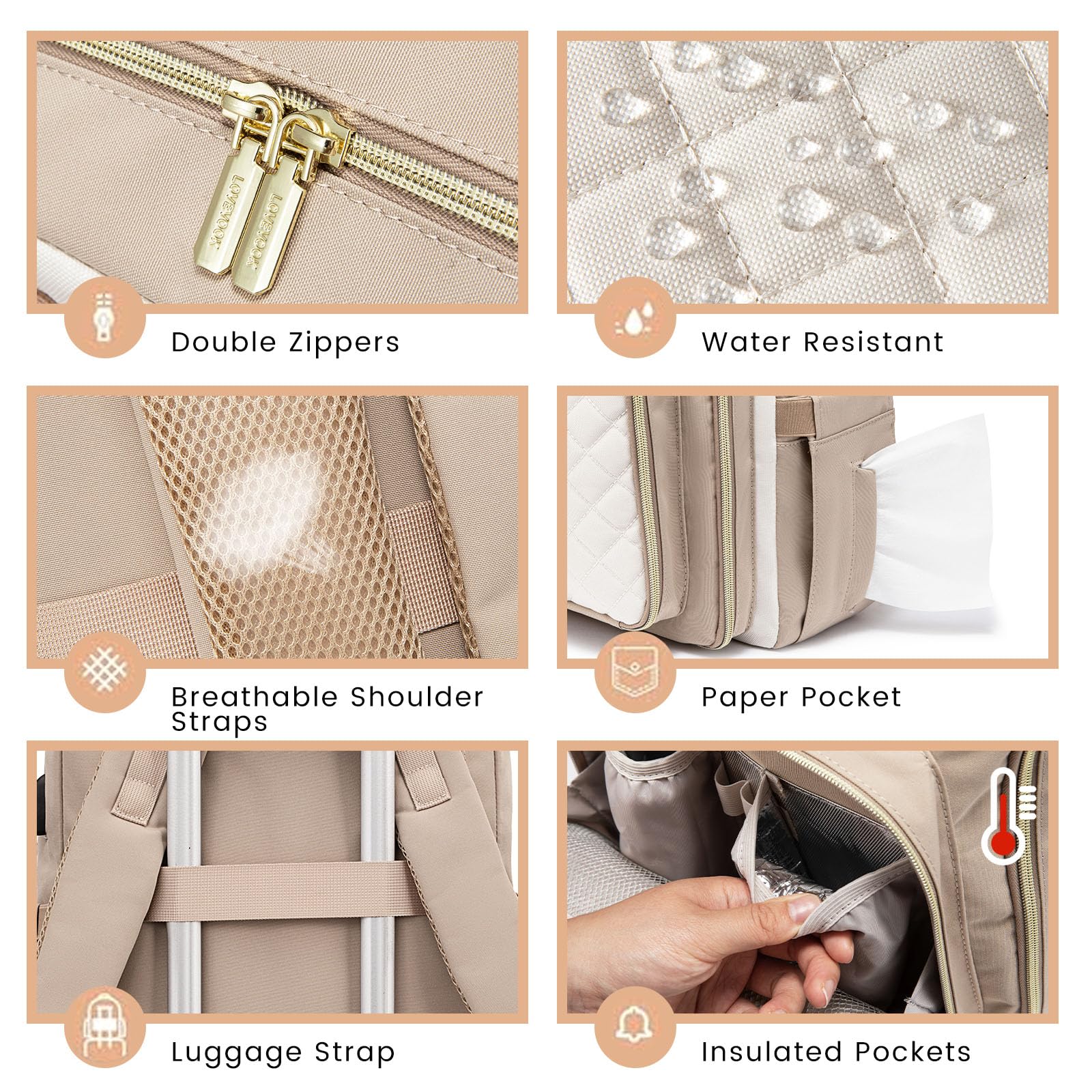 LOVEVOOK Waterproof Baby Diaper Backpack with USB Charging Port - Large Capacity Diaper Bag Fits 15.6 Inch Laptop - Perfect for Travel, Daycare & Parenting Essentials (Apricot)