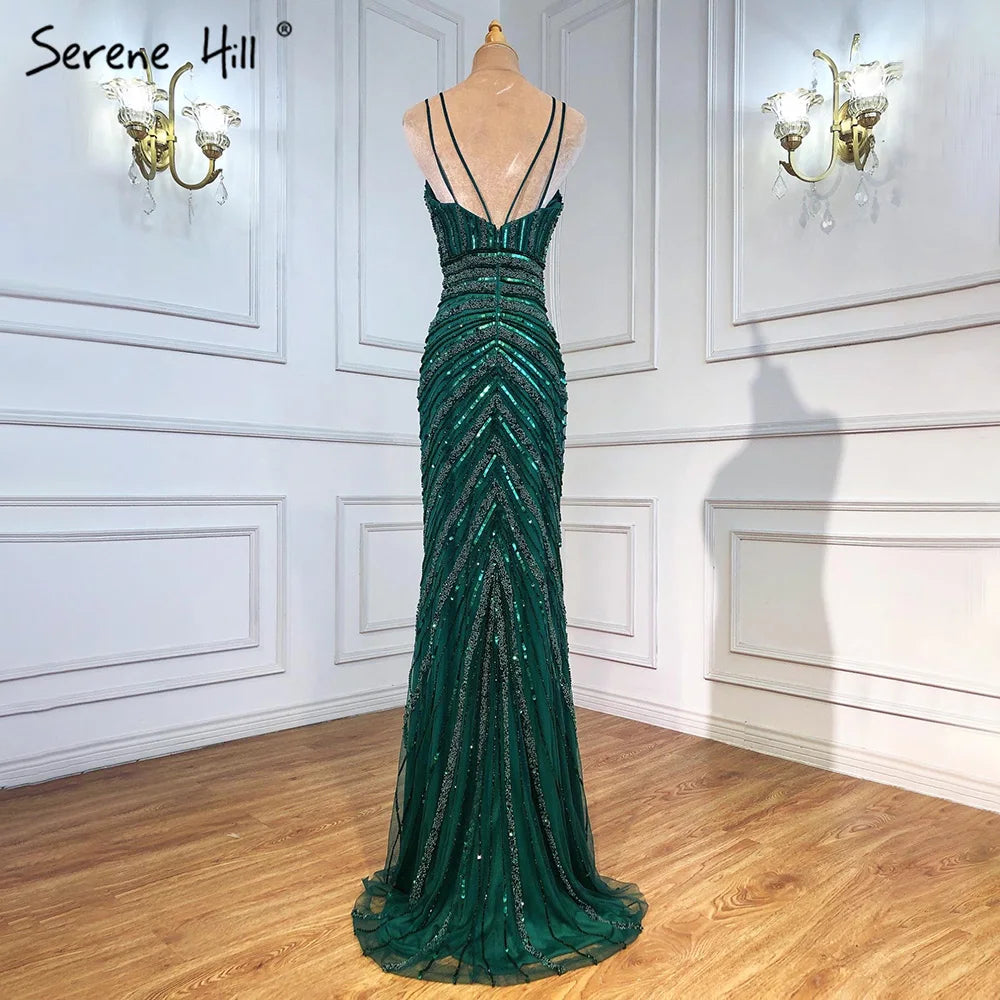 Elegant Beaded Green Spaghetti Strap Mermaid Evening Gown with High Slit for Women - 2025 Formal Party Dress LA71235 | Perfect for Prom, Wedding Guest & Cocktail Events