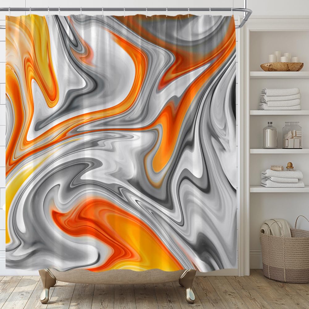 Abstract Modern Aesthetic Orange Gray Shower Curtain Set with Hooks - 70x70 Inches Waterproof Fabric Bathroom Decor for Contemporary Home | Perfect for Spa-Like Showers and Guest Bathroom Makeovers