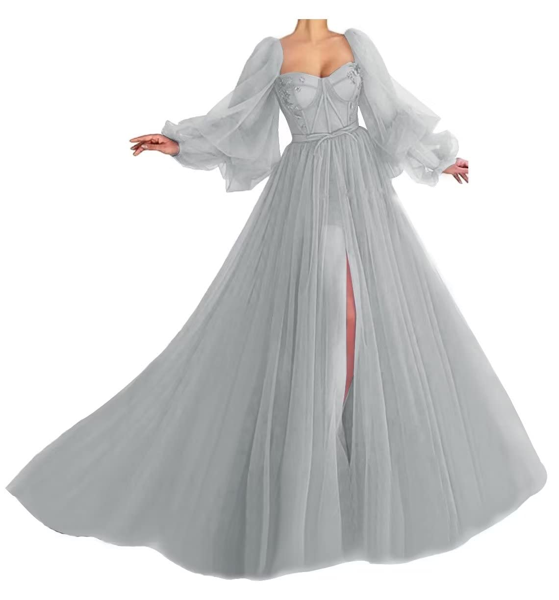 Elegant Silver Prom Dresses for Women - Plus Size 16 Ball Gown with Puffy Sleeves & Tulle Skirt | Perfect for Photoshoots, Formal Events & Special Occasions