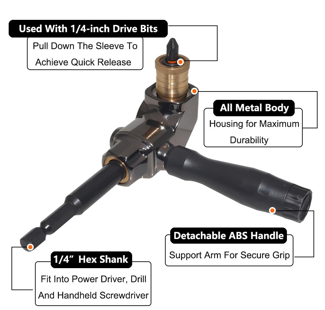 90 Degree Right Angle Drill Attachment - All Metal Body with Detachable ABS Handle - Corner Drill Bit Adapter for Impact Drivers - Perfect for Tight Space DIY Projects & Professional Construction Work