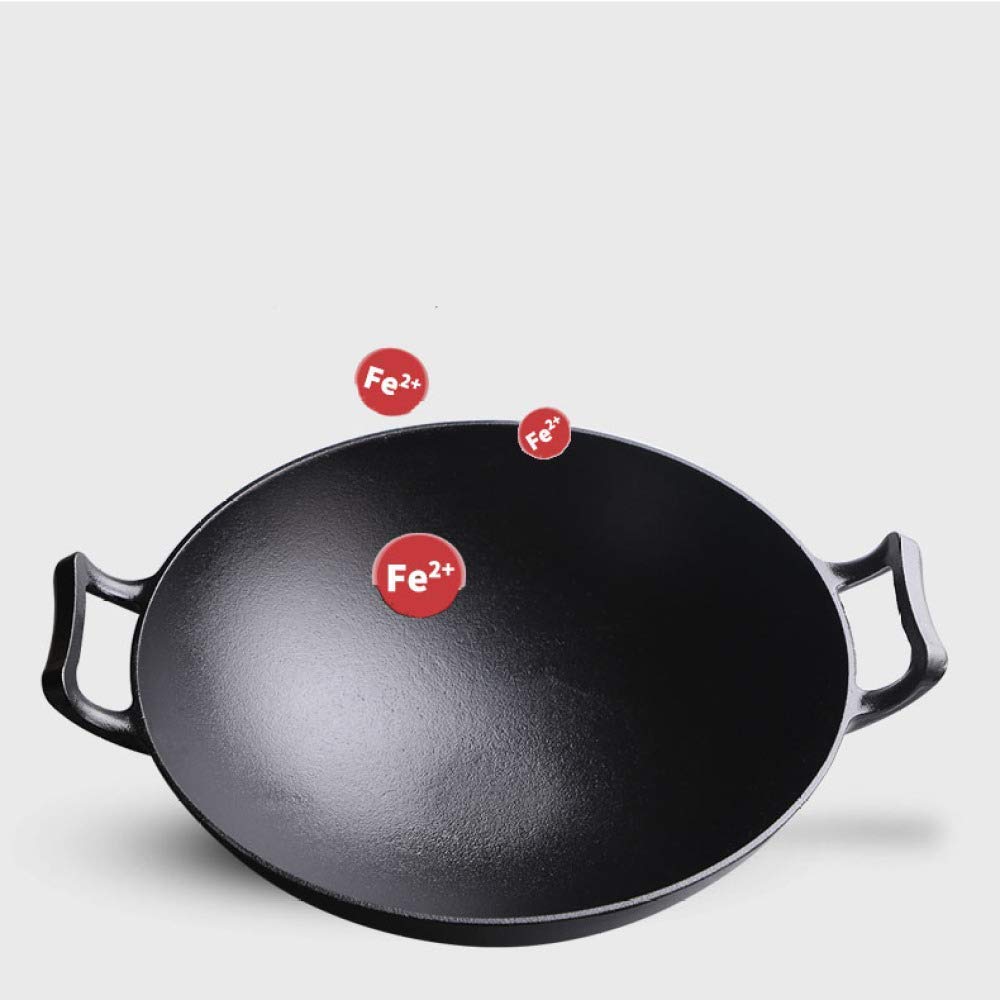 **36cm Traditional Cast Iron Wok Pan - Uncoated Thickened Round Bottom Double-Ear Design for Stir-Frying, Deep Frying & Home Cooking - Durable Household Pig Iron Pot for Professional & Everyday Use**