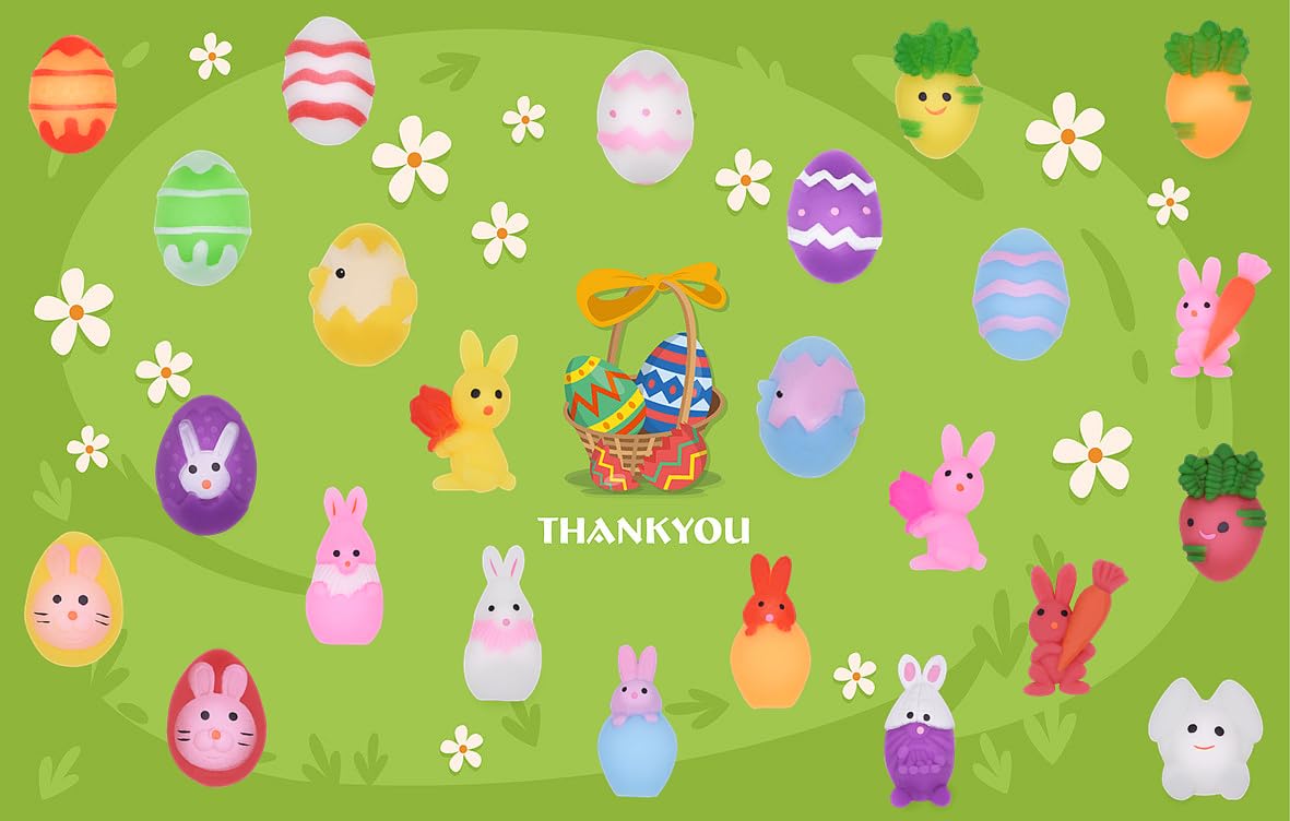 24 PCS Easter Mochi Squishy Toys - Soft Stress Relief Squishies for Kids, Boys & Girls - Easter Basket Stuffers, Party Favors, Classroom Prizes & Sensory Play Gifts (Cute Bunny & Egg Designs)
