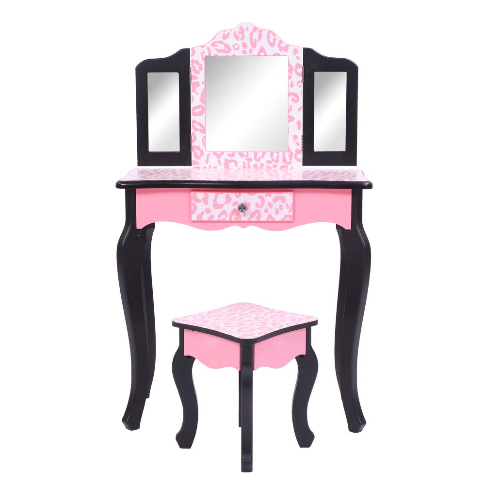Pink and Black Kids Vanity Set with Three-Fold Mirror, Vanity Table & Chair, Single-Drawer Dressing Table for Girls - Perfect for Bedroom Decor, Pretend Play & Birthday Gifts