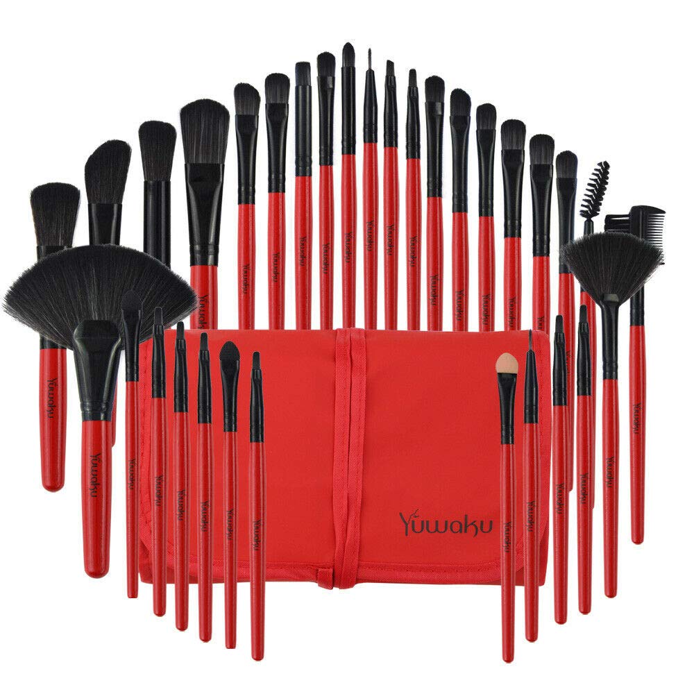 32-Piece Professional Makeup Brush Set - Powder, Foundation, Eyebrow & Beauty Brushes with Travel Case (Red) - Perfect for Makeup Artists, Beginners & On-the-Go Touchups